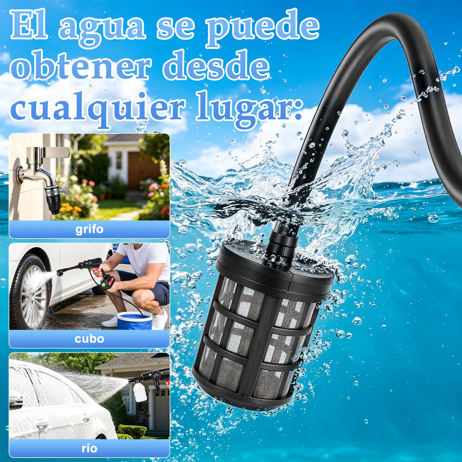 Limpiador de alta presión inalámbrico de 21 V 80 bar con 2 baterías de 3000 mAh, 6 en 1, con manguera de 5 m, limpiador de chorro para suelo, coche, jardín