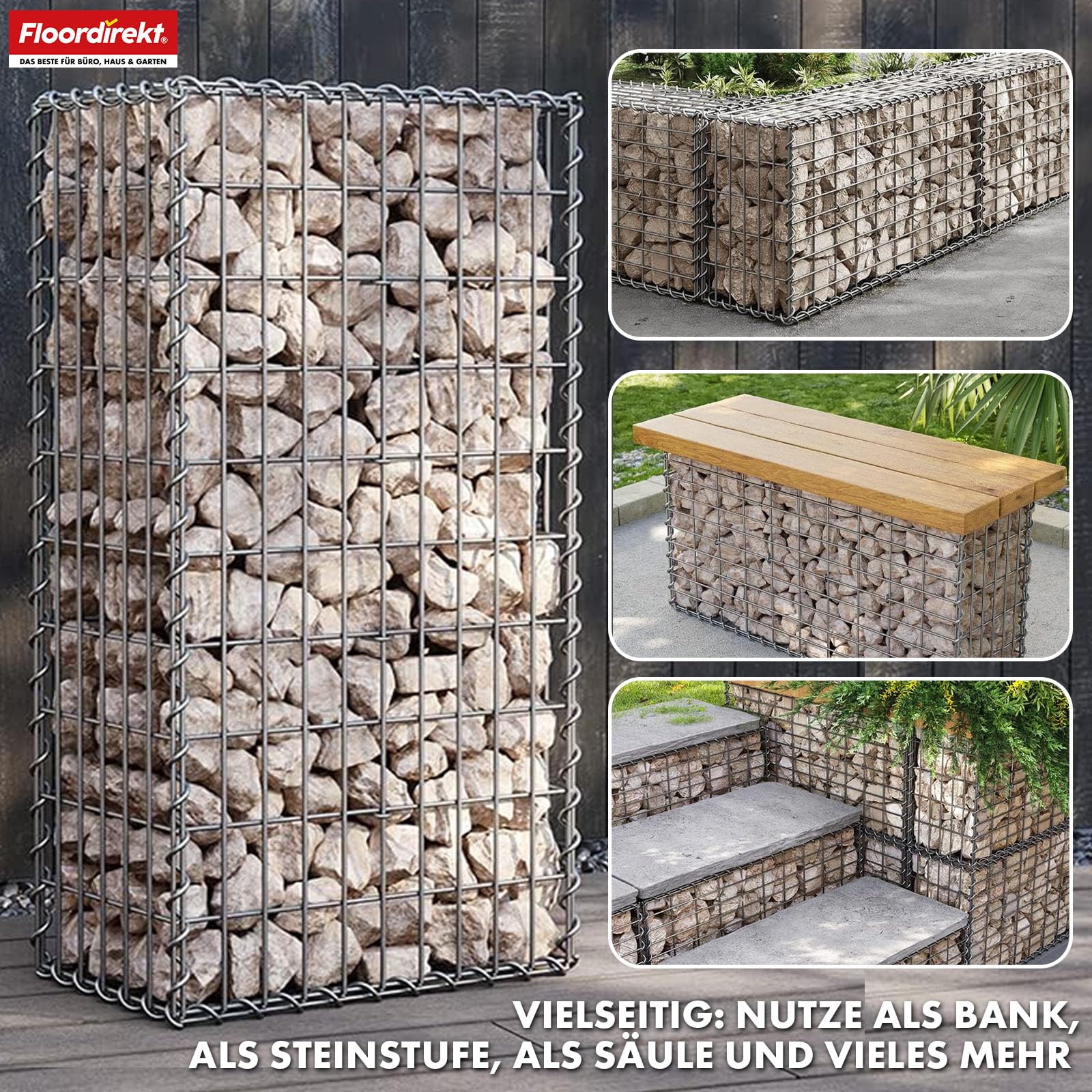Floordirekt Gabione, Steinkorb aus Metall, 100x90x30 cm verzinkter Drahtkorb mit Maschenweite 5 x 10 cm, Steinmauer als Gartenzaun, Gabionengitter als Sichtschutz, Lenox