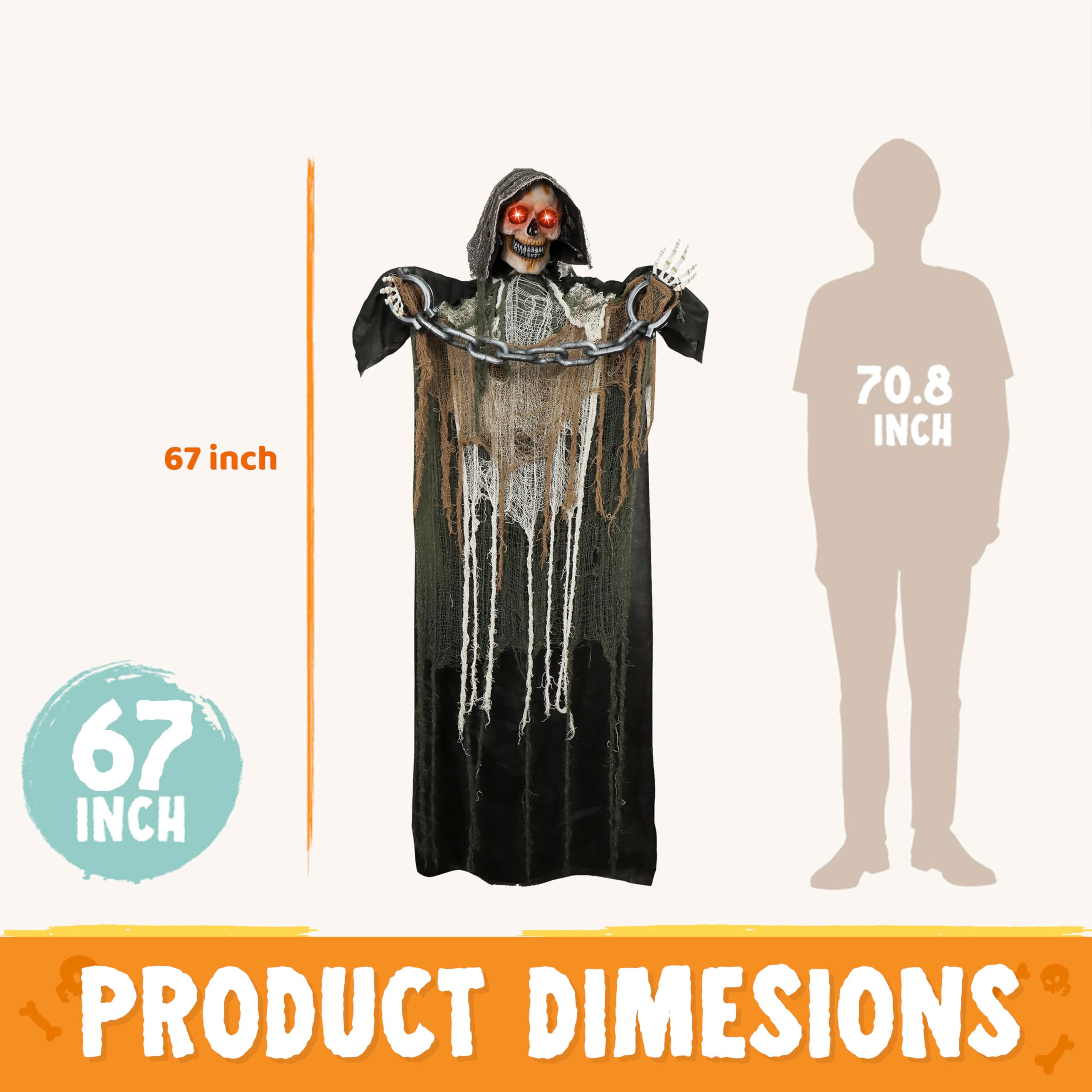 Décoration animée de la Faucheuse d'halloween, 175 cm, avec chaîne, Squelette Grandeur Nature avec Yeux Lumineux, Son Effrayant (activé par Le Son).