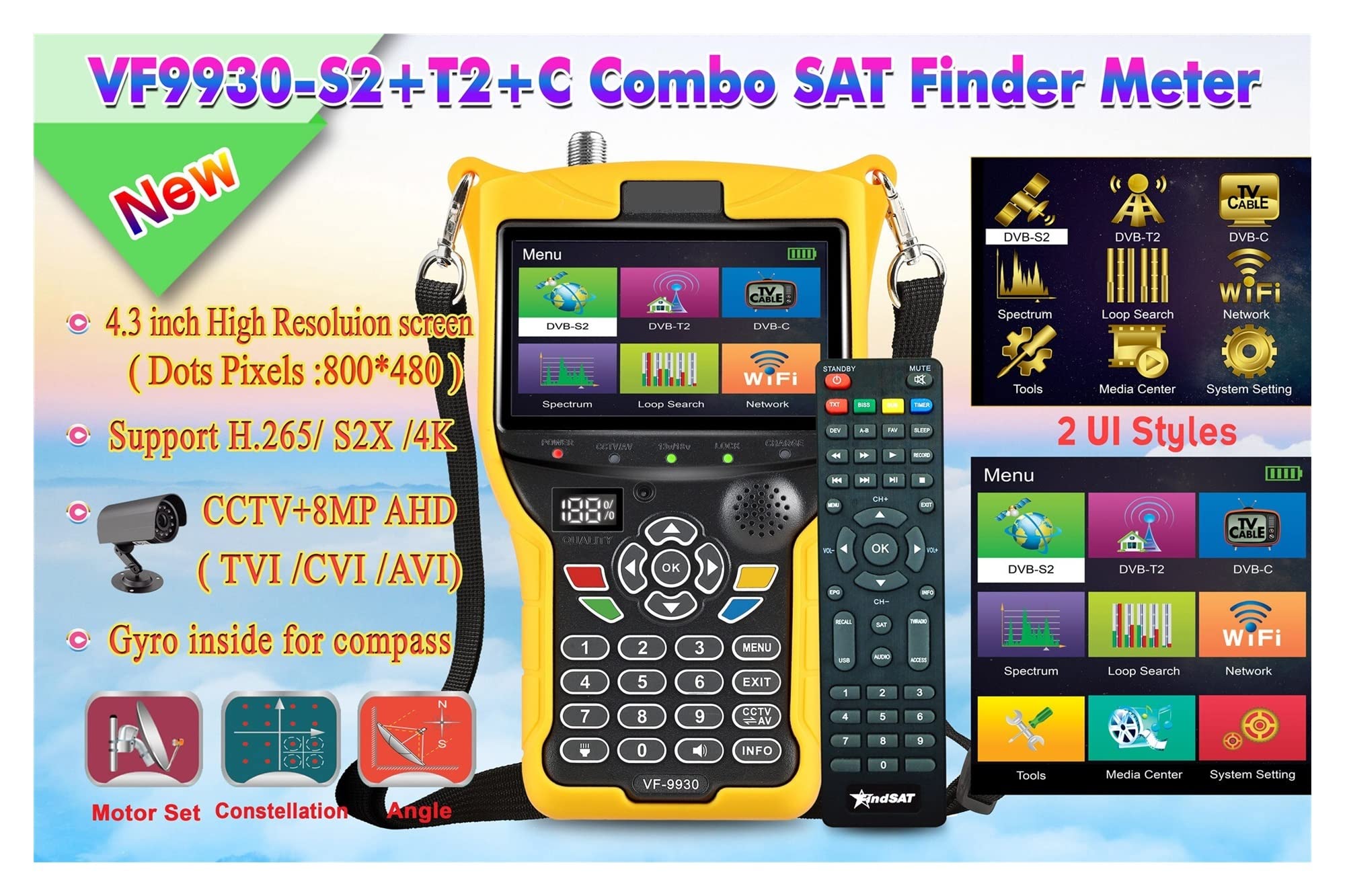 Pointeur Satellite, VF 9930 DVB-S2/T2 MPEG4 DVB H.265 Satellite TV Finder Récepteurs De Tv HD Satellite Récepteur Compteur Signal Test 4.3 Pouces LCD,pour le réglage de l'antenne parabolique