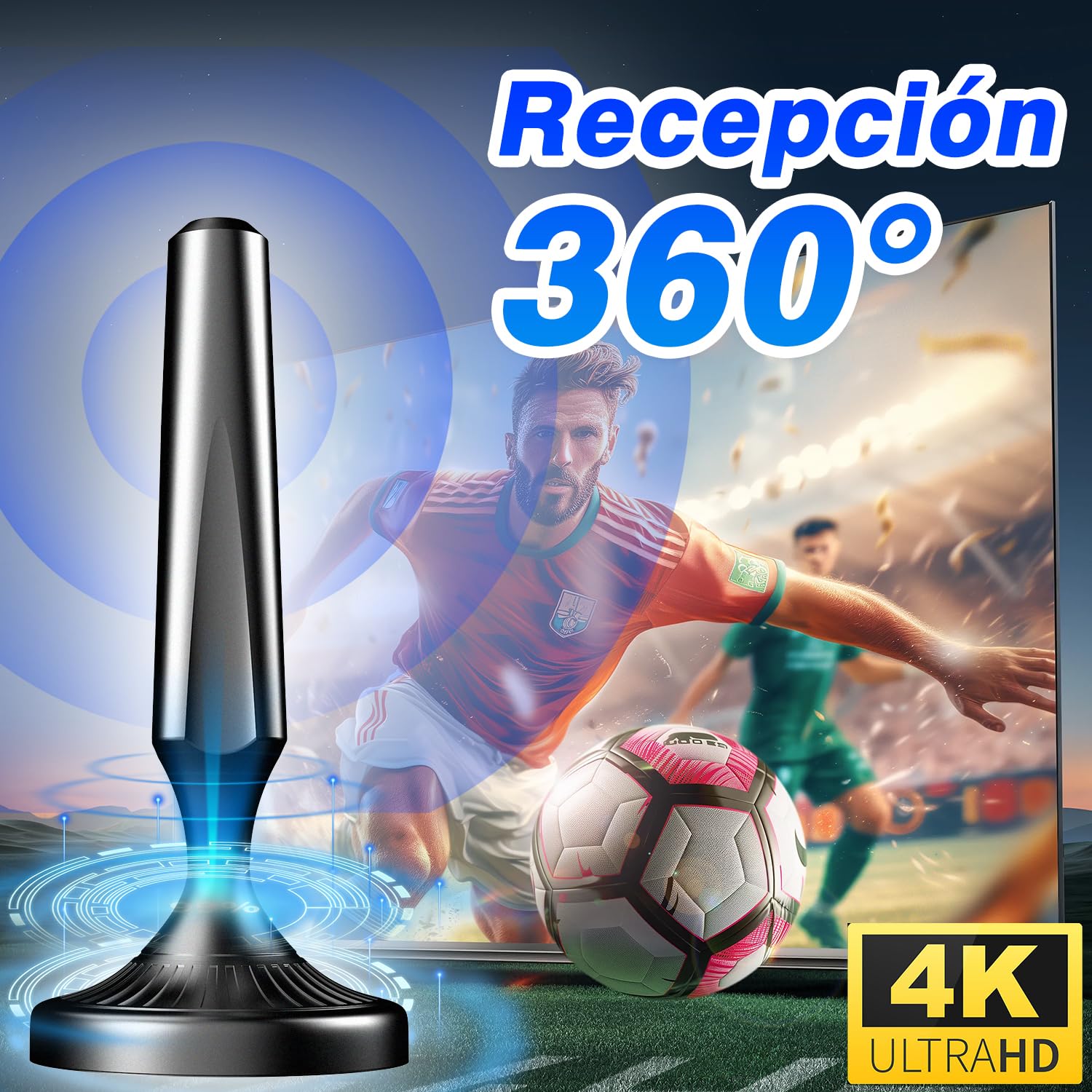 Antena TV Interior Digital 2026 para Smart TV – Recepción 360° con Señal Estable de Largo Alcance, Base Magnética, Cable Coaxial de 5 m, Compatible 4K y 1080P, Antena TDT con Canales Locales Gratis