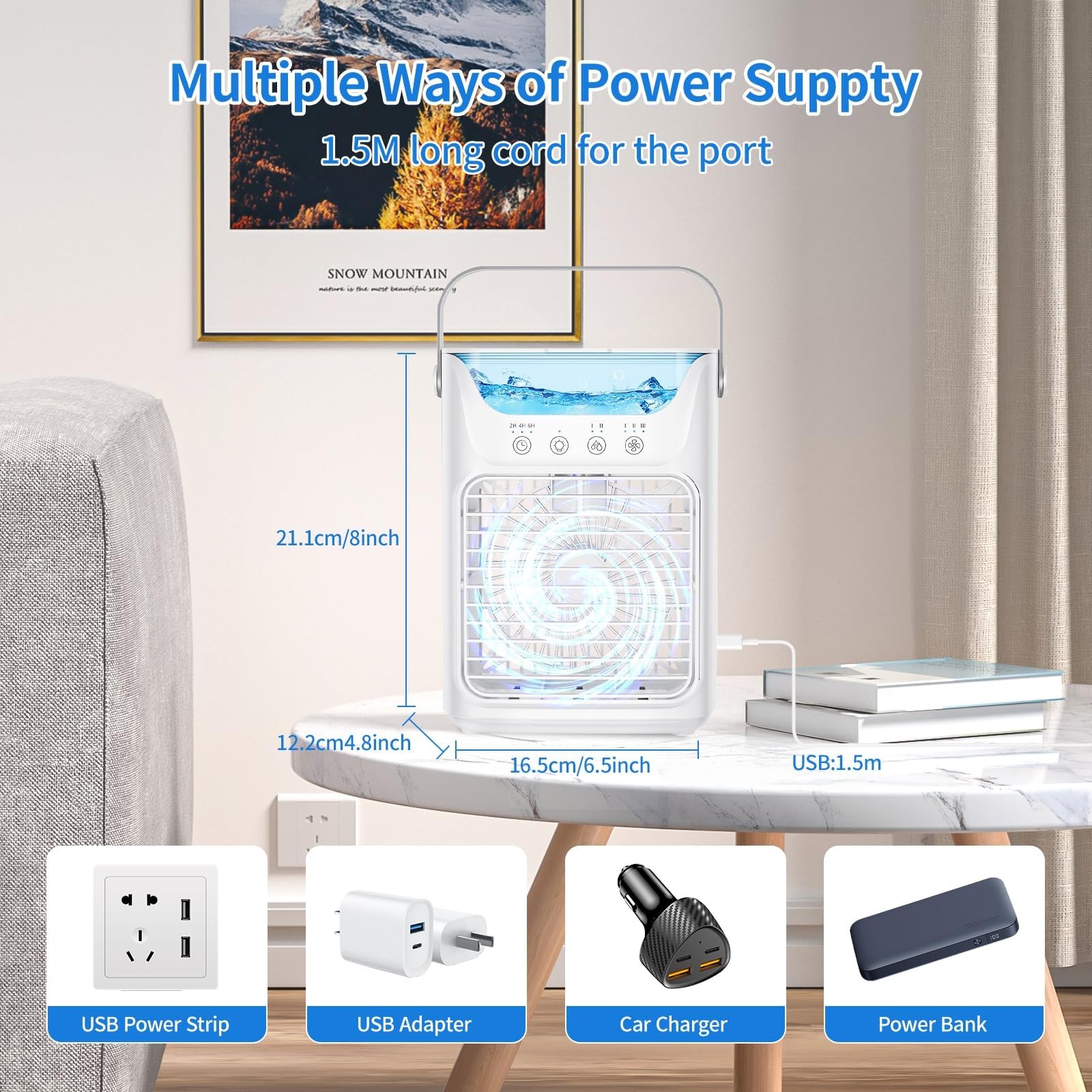 Mini klimatyzator, chłodnica powietrza, przenośne klimatyzatory, mobilny klimatyzator 4 w 1, 3 prędkości wiatru i światło LED 7 kolorów, zbiornik na wodę 700 ml, timer 2-6 godzin