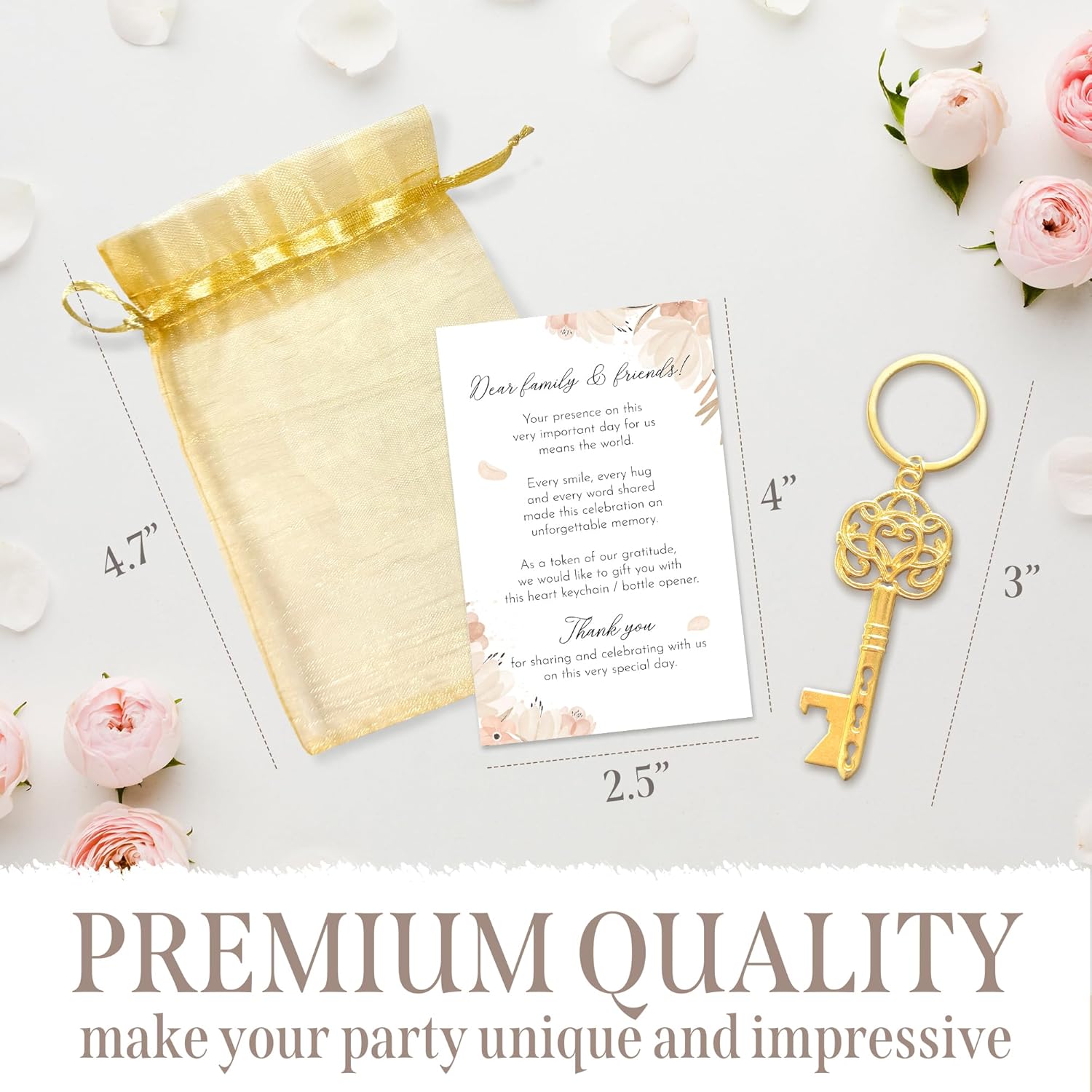Simply Party - Favors for Guests, 50 Pack Gold Keychains Party Favors in Bulk, Accompanied by a Thank you Card, Gift Bag, with Elegant Cream Design, Baby Shower, Bridal Shower, Birthday Party, Wedding