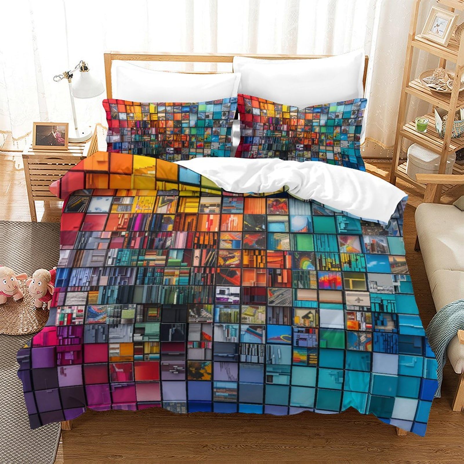 Housses de couettes 3 pièces blocs colorés 3D pour transformer votre chambre double