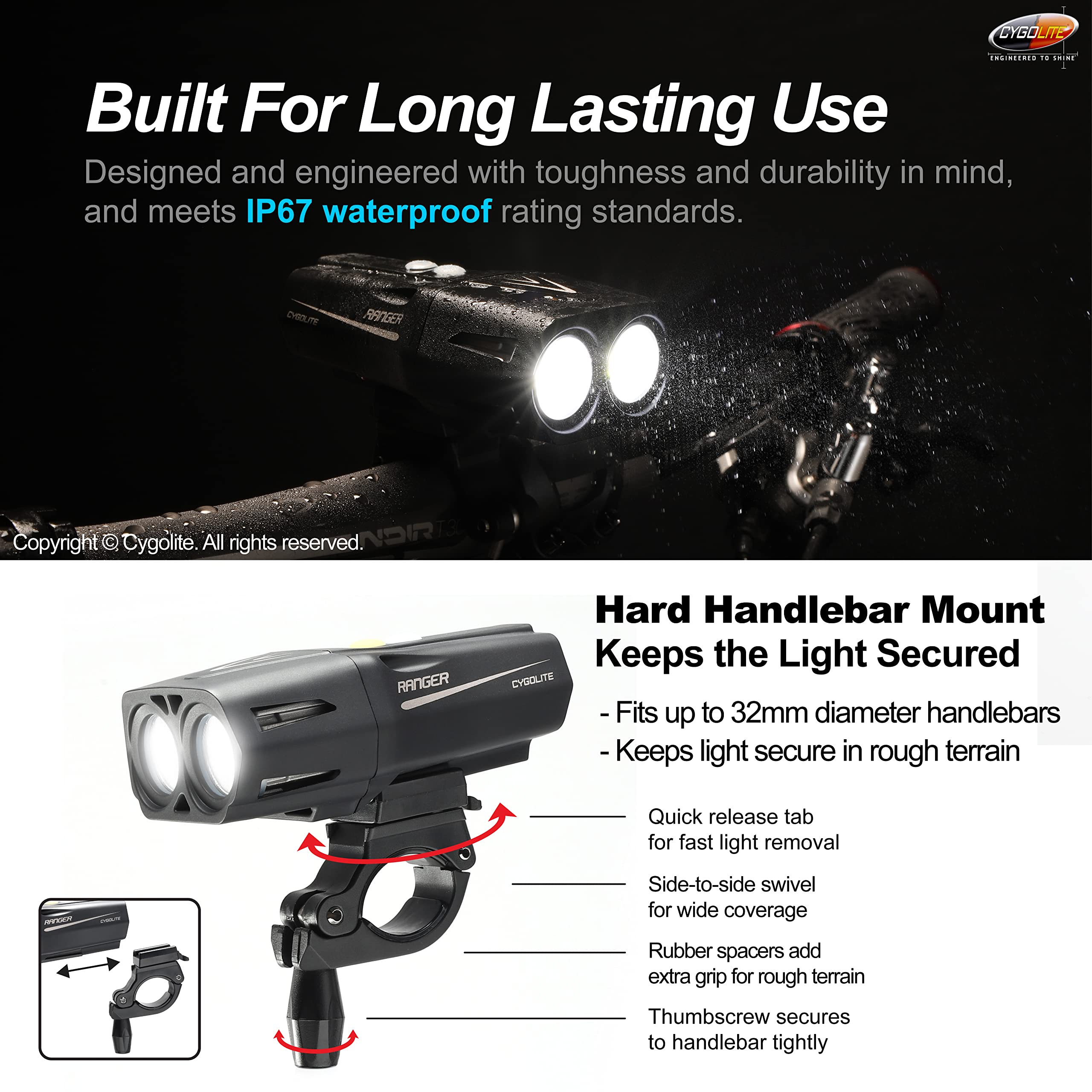 Cygolite Ranger 2000, 1 800, 1 500 lumens – Durée de Fonctionnement Ultra élevée, 9 Modes d'éclairage, luminosité réglable Fine, étanchéité IP67, Rechargeable par USB, Route et Montagne