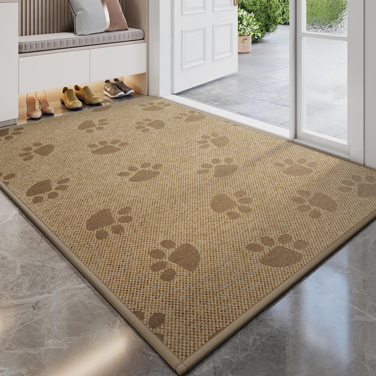 YDKGL Door Mat Indoor Entrance 31"x47", 0.16" Thin Paw Print Low Pile Doormat, Non Slip Welcome Mat, Trap Dirt and Moisture, Easy Clean, Brown