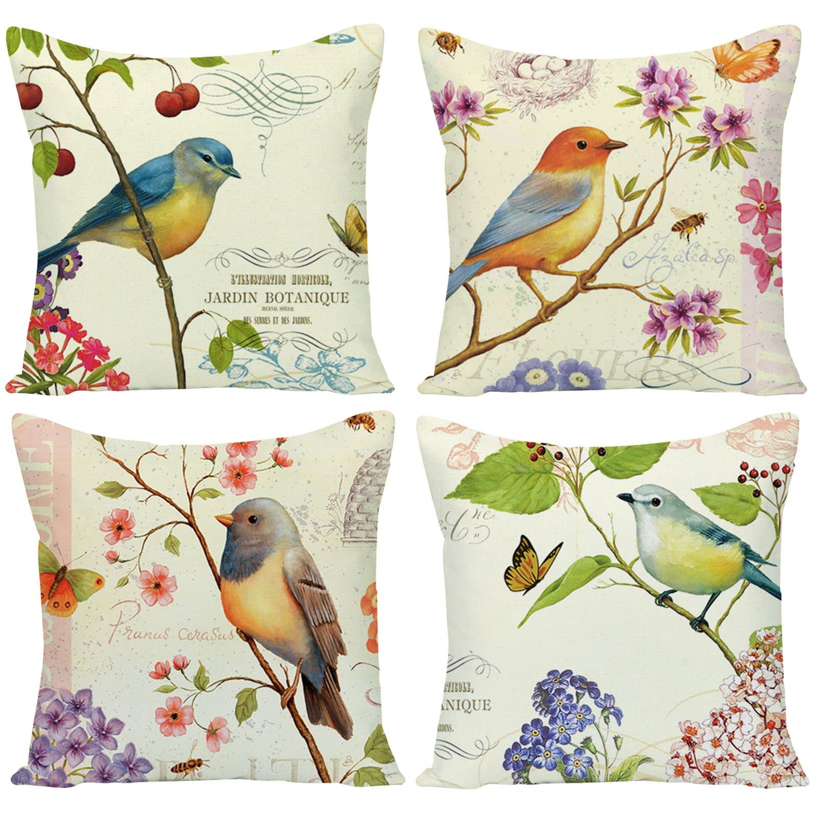 Wilproo Outdoor Bird Decorative Throw Pillowcase, Bird Flower Both Sides Printed Spring Cushion Cotton Linen 18x18 Set of 4 Patio for Home Couch Sofa