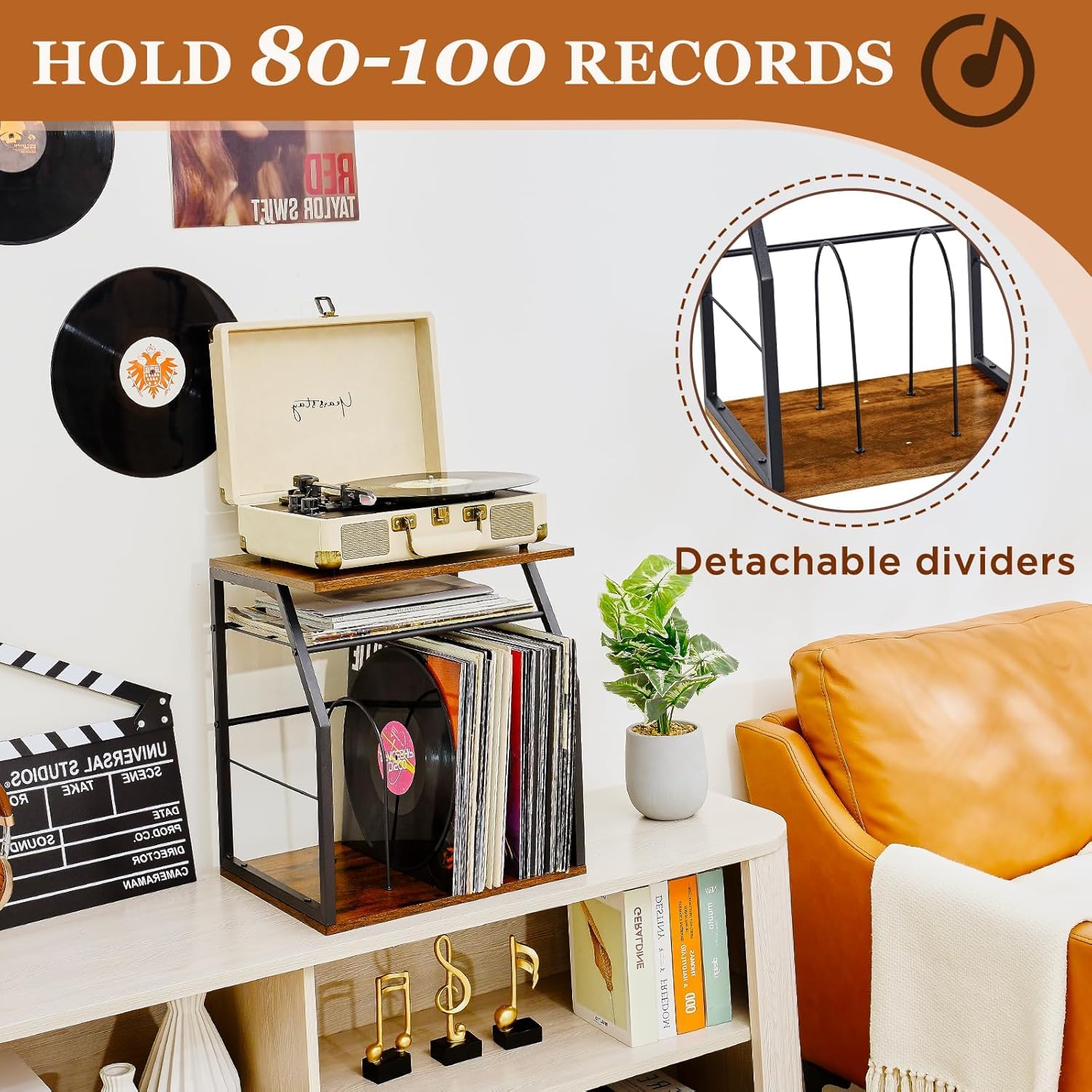OGFC 11117 Vinyl Record Storage Holder for 100LPs, 3-Tier Vinyl Record Stand with 2 Movable Divider, Record Holder Organizer for Player, Albums, Magazine, Book, File (Black) 4