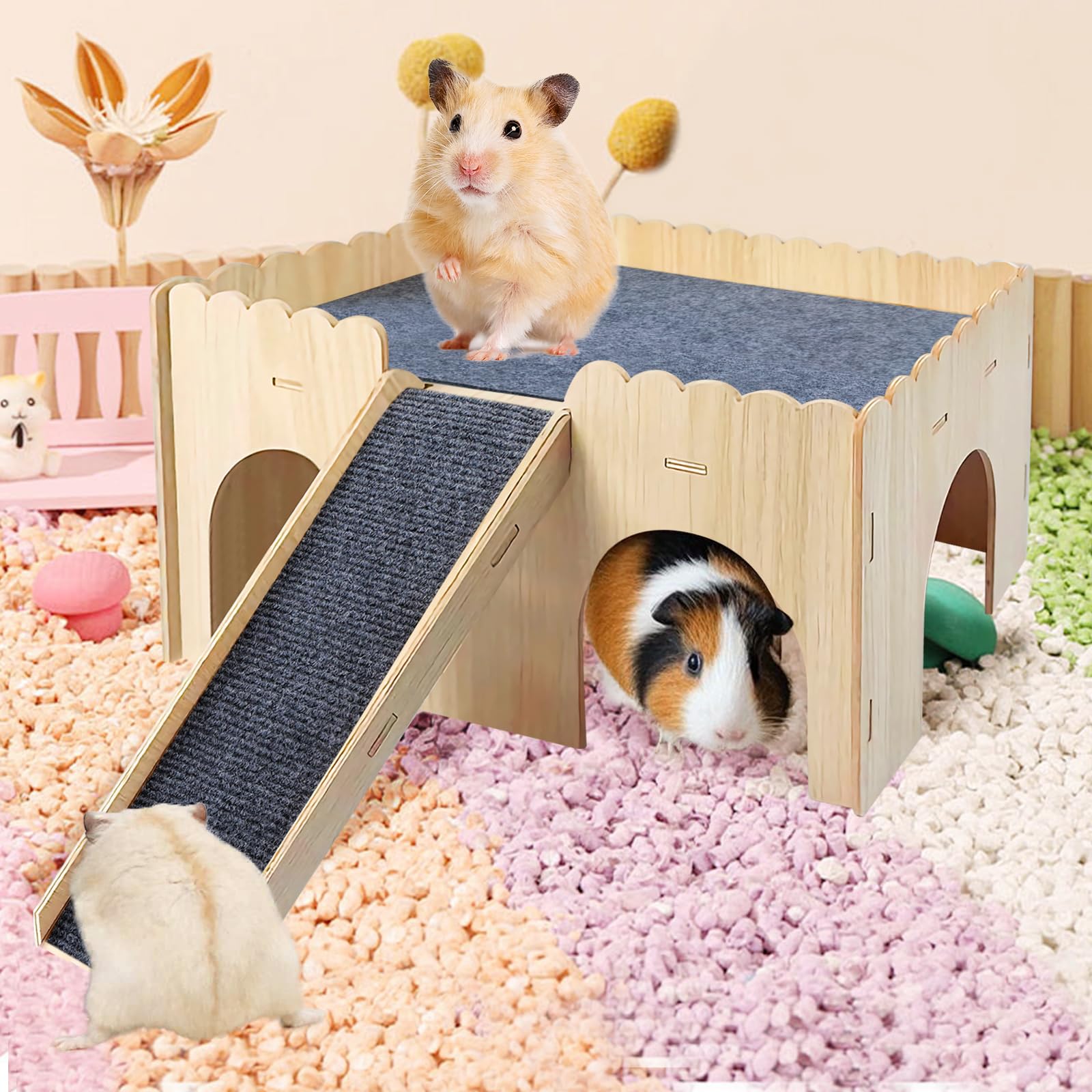 Multipiano cavia nascondiglio, casa di criceto con scale e stuoie, 38*25*18.5cm casa di cavia, castello di porcellini d'India in legno gabbia per criceto cincillà coniglio