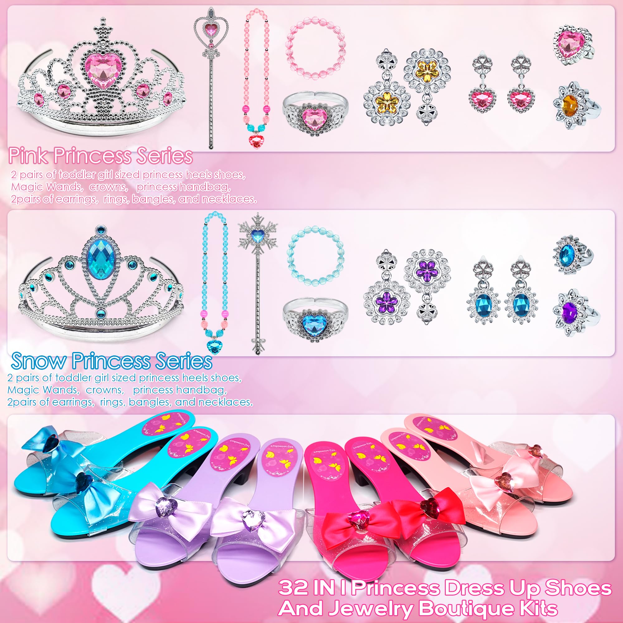 Prinzessin Schuhe Spielzeug für Mädchen - 4 Paar Schuhe und 2 Sätze Spiel-Schmuck-Boutique, Geburtstag Weihnachten Geschenke 3-6 Jahre