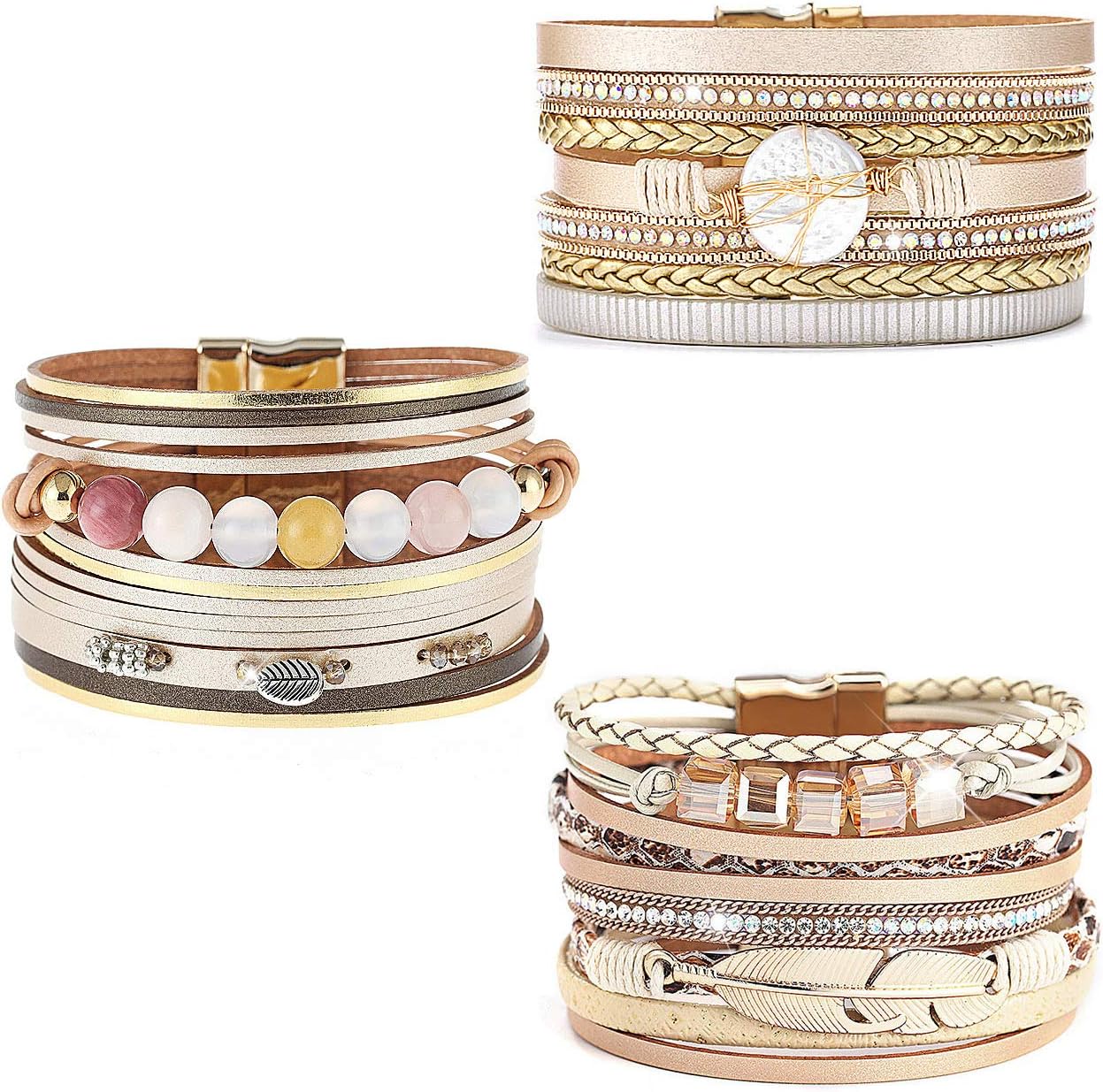 Wowanoo 3Pack Leather Cuff Bracelet Set Multilayer Wrap Bracelet Crystal Feather Tree Bracelet Magnetic Clasp Bracelet for Women