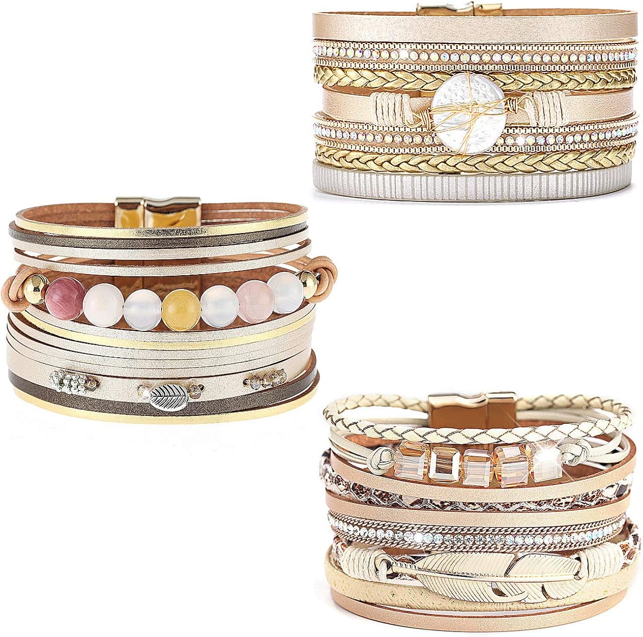 Wowanoo 3Pack Leather Cuff Bracelet Set Multilayer Wrap Bracelet Crystal Feather Tree Bracelet Magnetic Clasp Bracelet for Women 17 CM