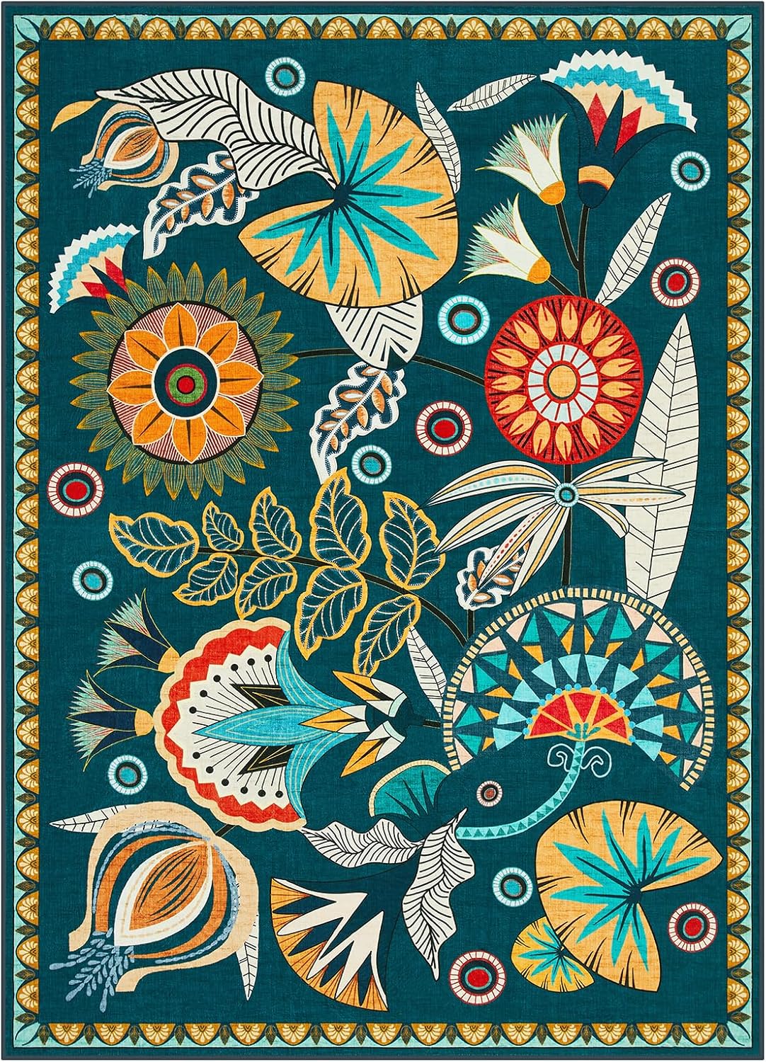 Joydeco Egypt Floral Boho Large Area Rugs for Living Room Nursery, Washable Dark Green Bedroom Rug 8x10 Under Bed, Vintage Non Slip Indoor Throw Carpet for Playroom Dining Room Dorm