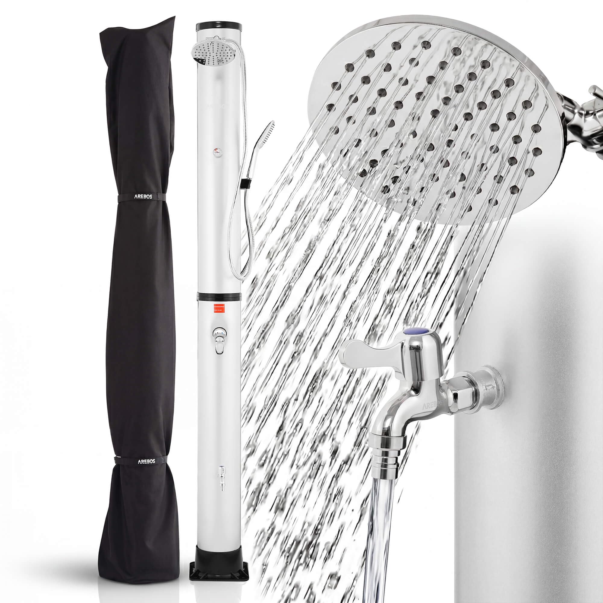 Arebos Ducha Solar de 40 L, con termómetro Integrado, Ducha de Mano, Cabezal de Ducha Giratorio, con Ducha de pies y conexión de Manguera de jardín, Incluye Material de Montaje y Cubierta