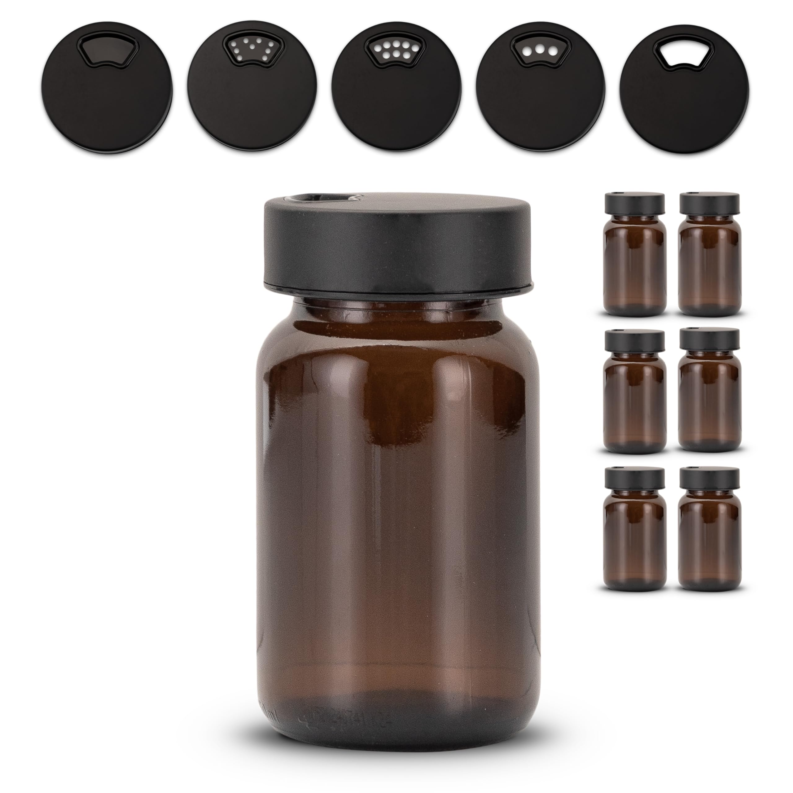 6 tarros de especias – Tarro de especias premium de cristal ámbar | Juego de tarros de especias con tapa y protección UV | Recipiente para especias con tapa de acero inoxidable, 150 ml