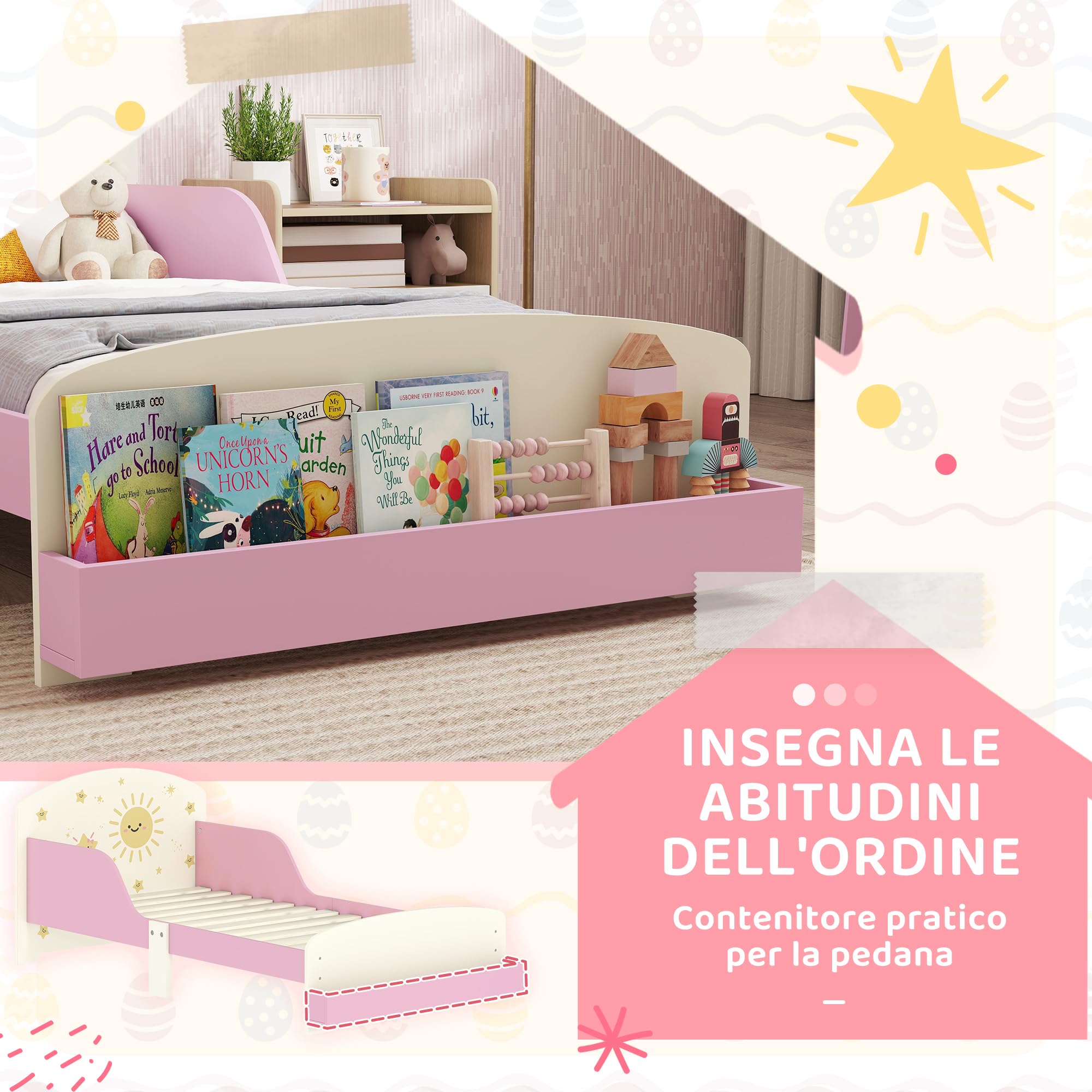 AIYAPLAY Letto per Bambini 3-8 Ann Basso con Spazio Contenitore e Sponde Laterali, Lettino per Bambini in MDF e Compensato, 150x77x60 cm, Rosa