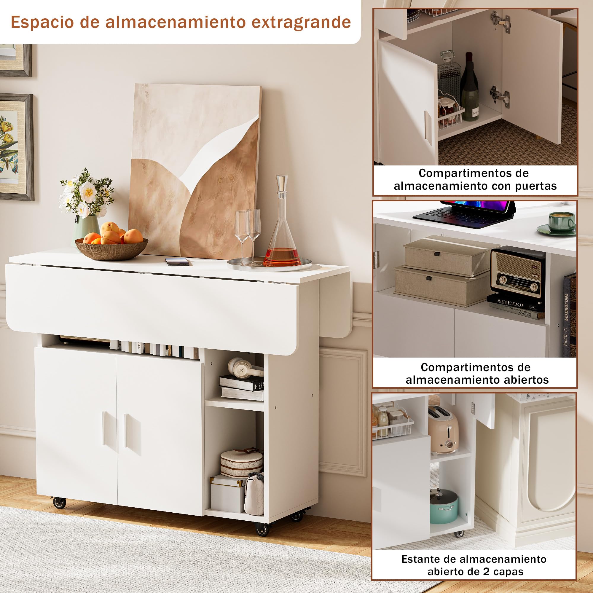 Mesa de comedor plegable con ruedas, mesa de cocina para 4 a 6 personas con gran mueble de almacenamiento, ideal pequeño espacio de cocina, comedor, 120 x 70 cm, color blanco