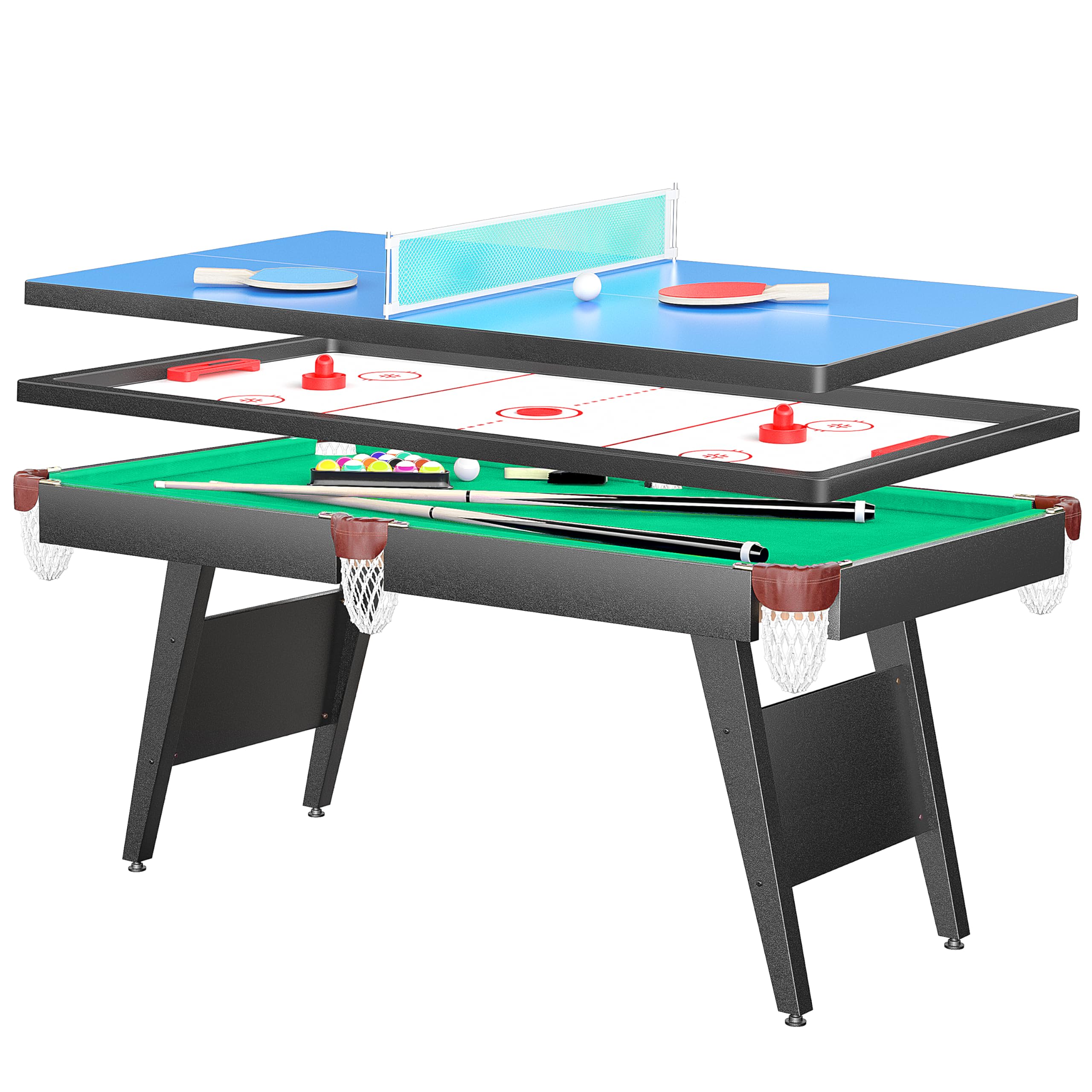 3 in 1 Billiard Table, 65.75" Multi Game Table Includes Pool Table and Table Tennis,Air Hockey Table,for Indoor Outdoor, Family