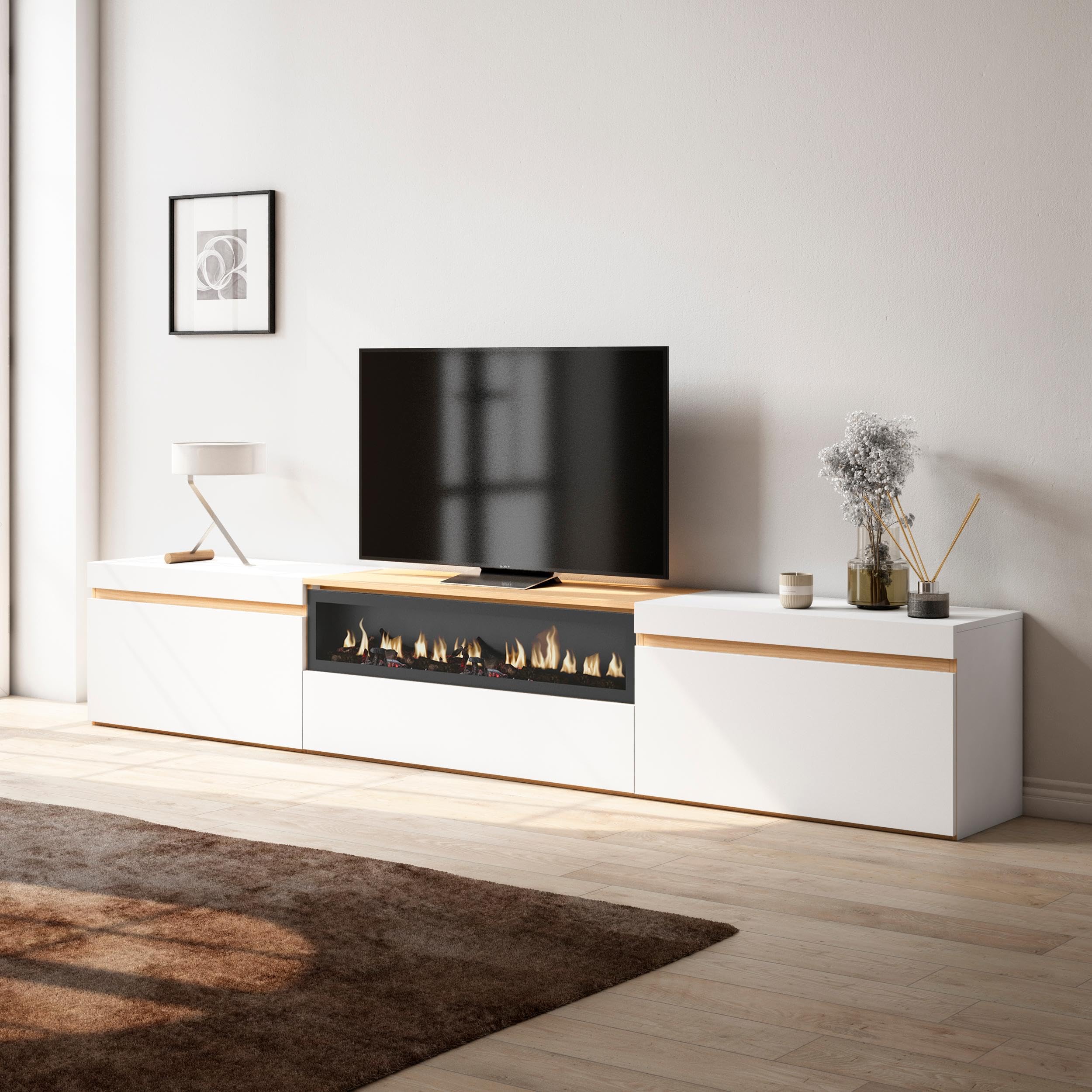 Skraut Home | Meuble TV | Banc Télé | Grand Espace de Rangement | 260x45x35cm | TV Grand Format | Cheminée électrique | Style Moderne | Blanc et Chêne Soft