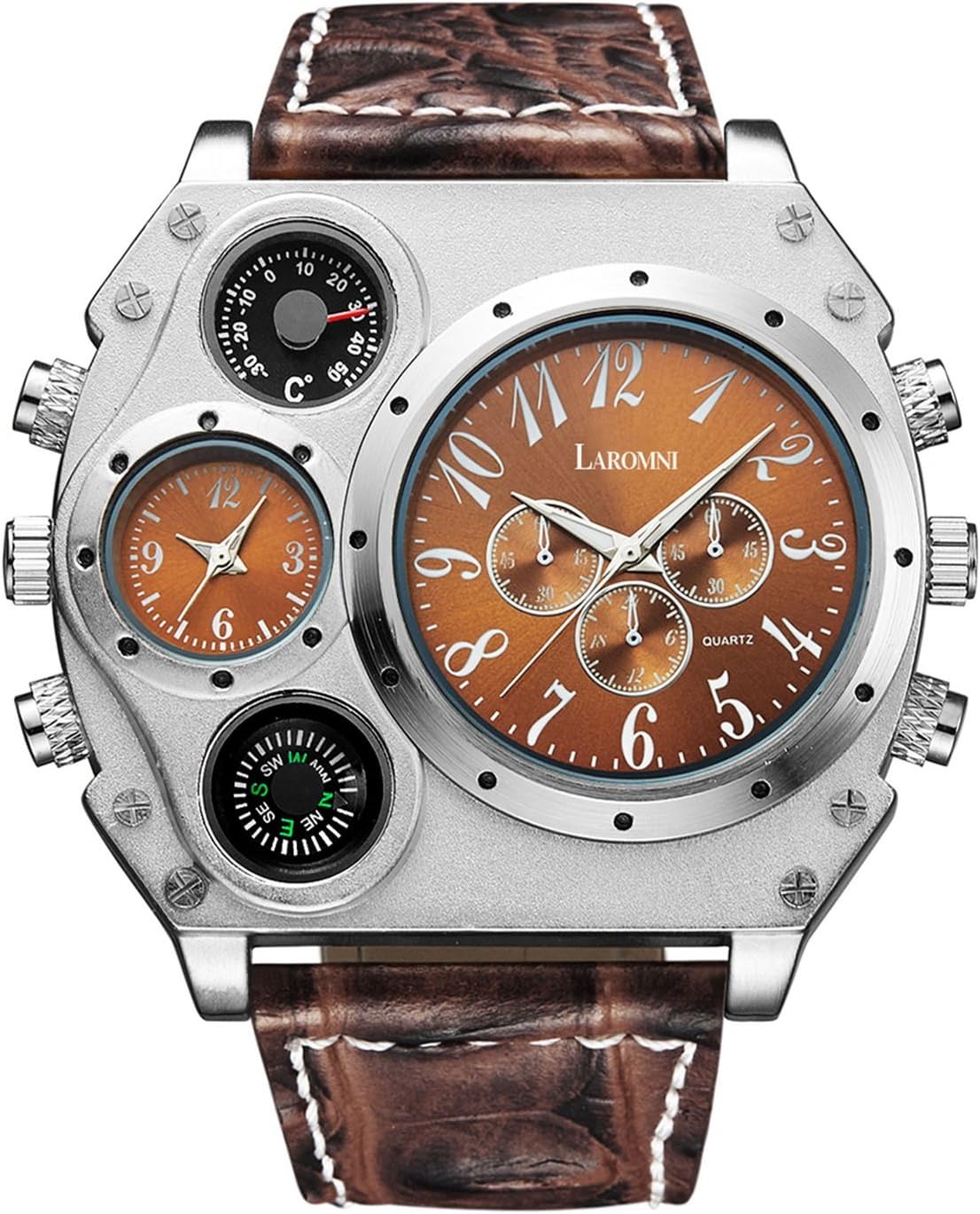 Laromni Men Luxury Military Sport Wrist Watch. 2 Time Zones, Compass, Unique Analog Quartz [Shock Resistant] Watch