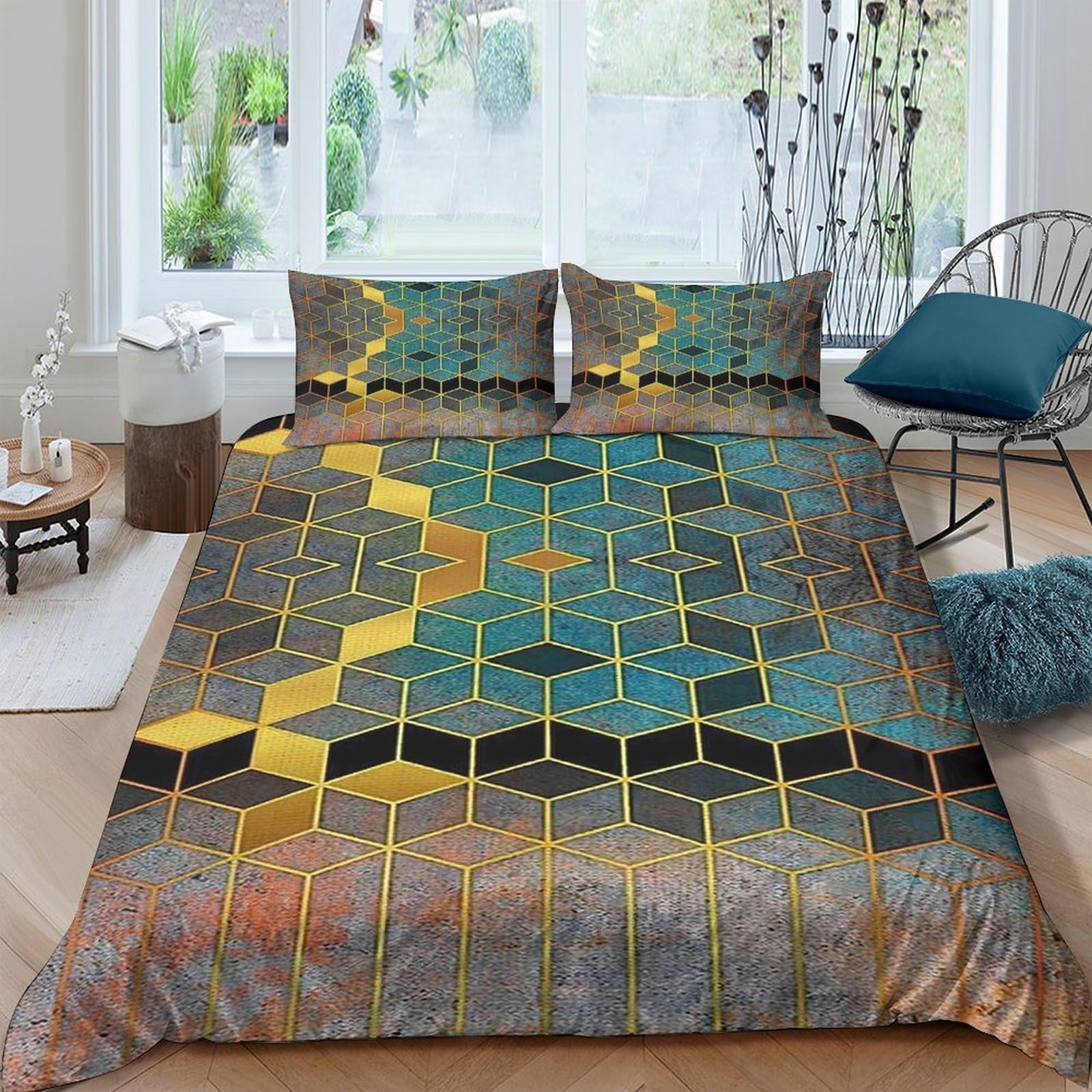 GPLZQXKJNH 3D Printed Geometric Abstract Duvet Cover Microfiber Soft Breathable Hexagon Bedding Set with 2 Pillowcases for Bedroom Decor Single（135x200cm）