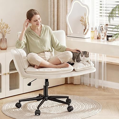Silla cruzada con ruedas, silla de tocador de felpa con reposabrazos ajustables, silla de oficina ergonómica para dormitorio, sala de maquillaje y
