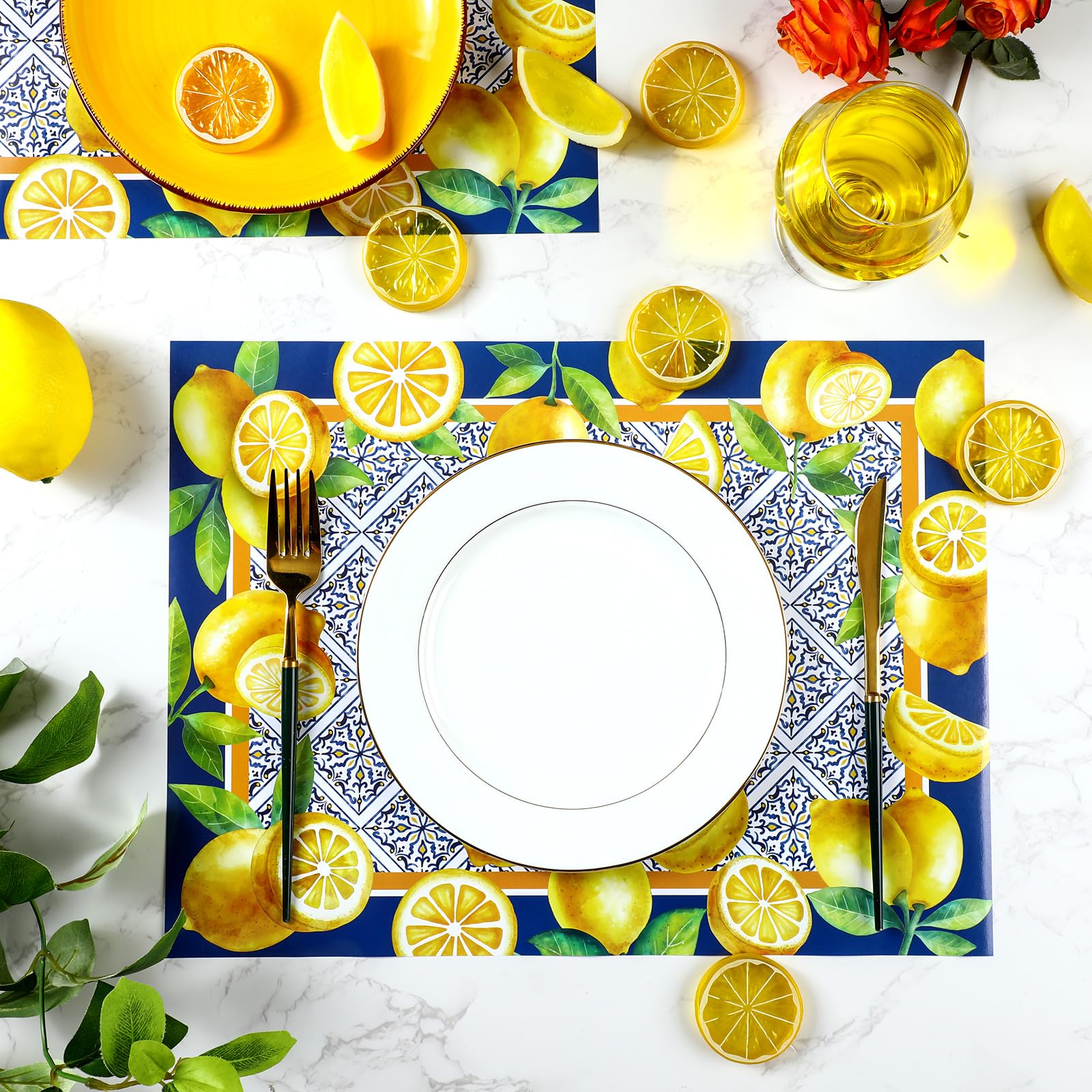 Fulmoon Paquete de 50 manteles individuales desechables de papel de primavera de 12 x 16 pulgadas, manteles individuales de papel floral Ramadán limón para fiesta de verano, mesa de comedor,