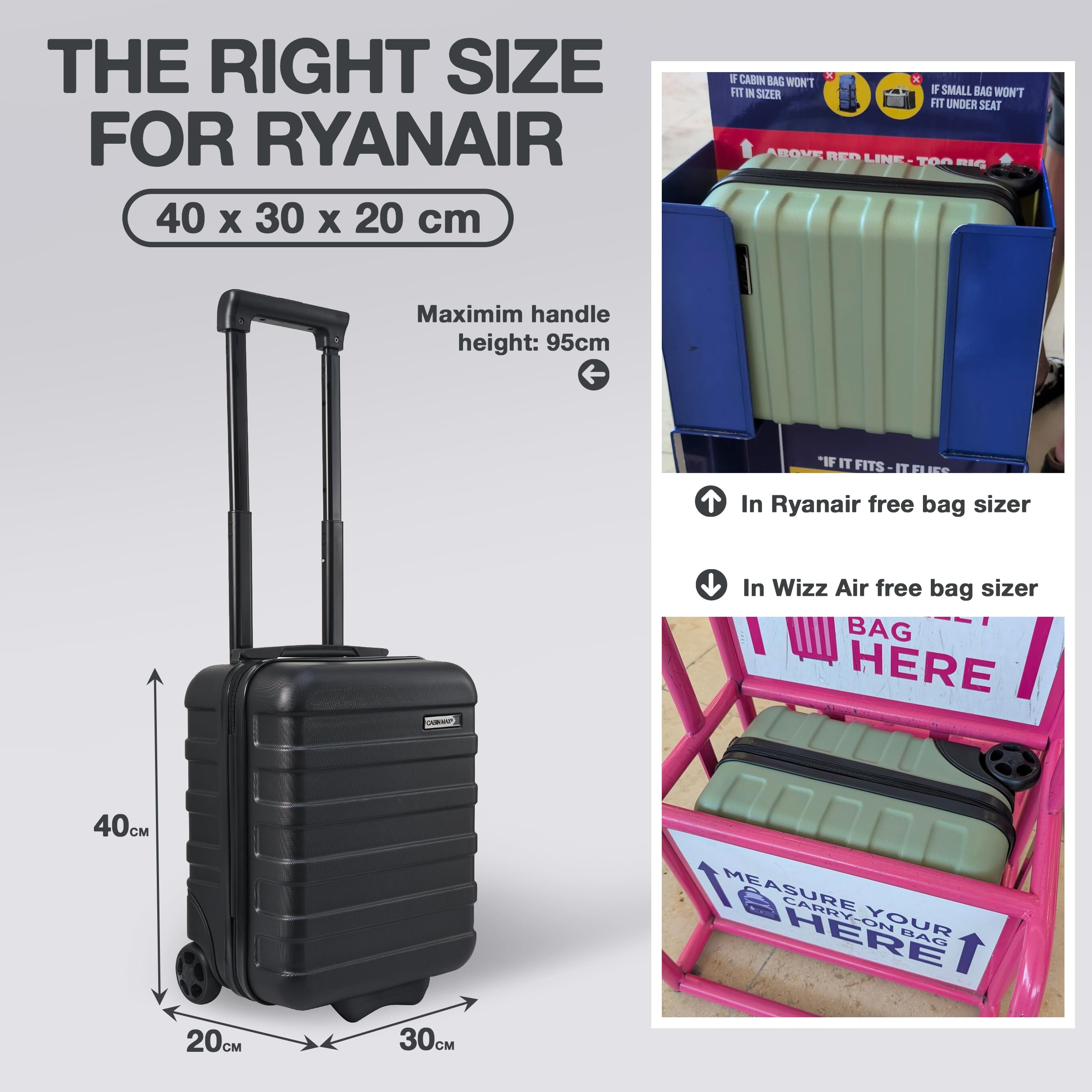 Cabin Max Anode 24L 40x30x20cm Maleta de Mano para Debajo del Asiento Wizz Air, Easyjet - Maletín con Ruedas (24 L, 40 x 30 x 20 cm), Negro
