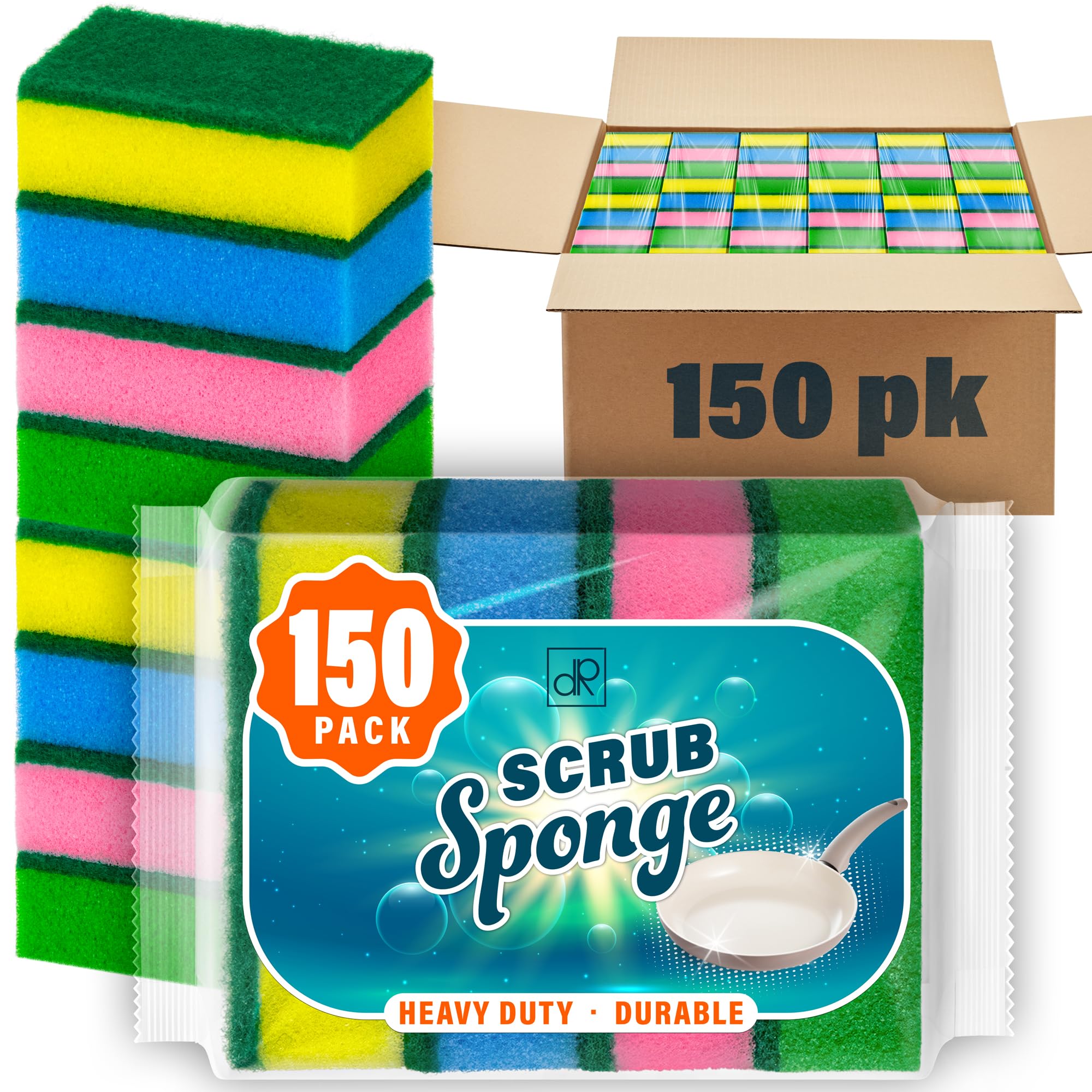DecorRack 150 Cleaning Scrub Sponges for Kitchen, Dishes, Bathroom, Car Wash, Heavy Duty Scour Dish Pad, Assorted Colors (Pack of 150)