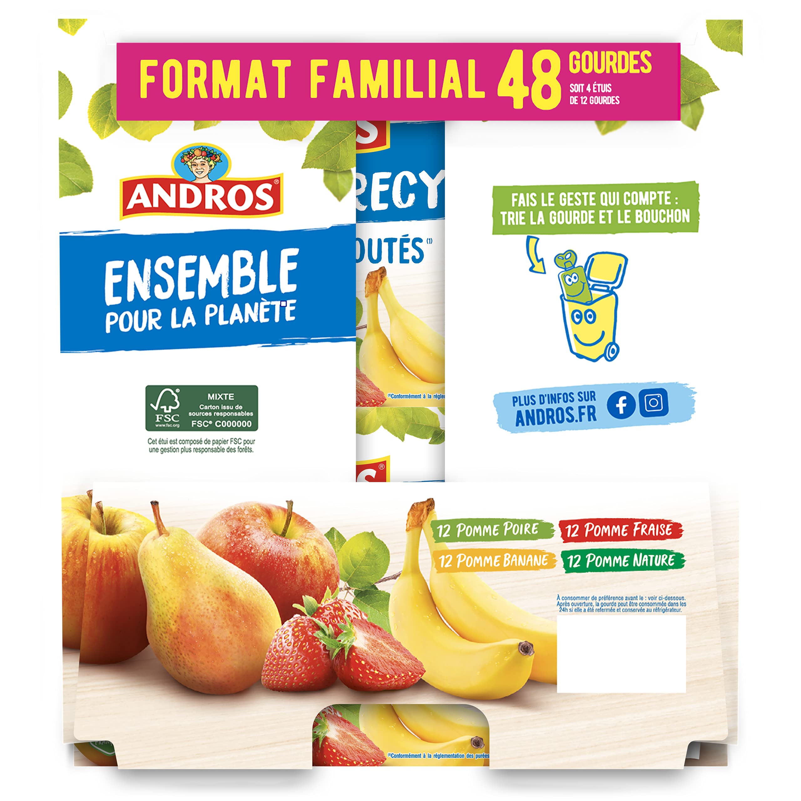 ANDROS - Compote de Fruit - Gourde Recyclable - Sans Sucre Ajouté - Goût Pomme + Pomme/Poire + Pomme/Fraise + Pomme/Banane - Idéal pour le Goûter des Enfants - Lot de 48