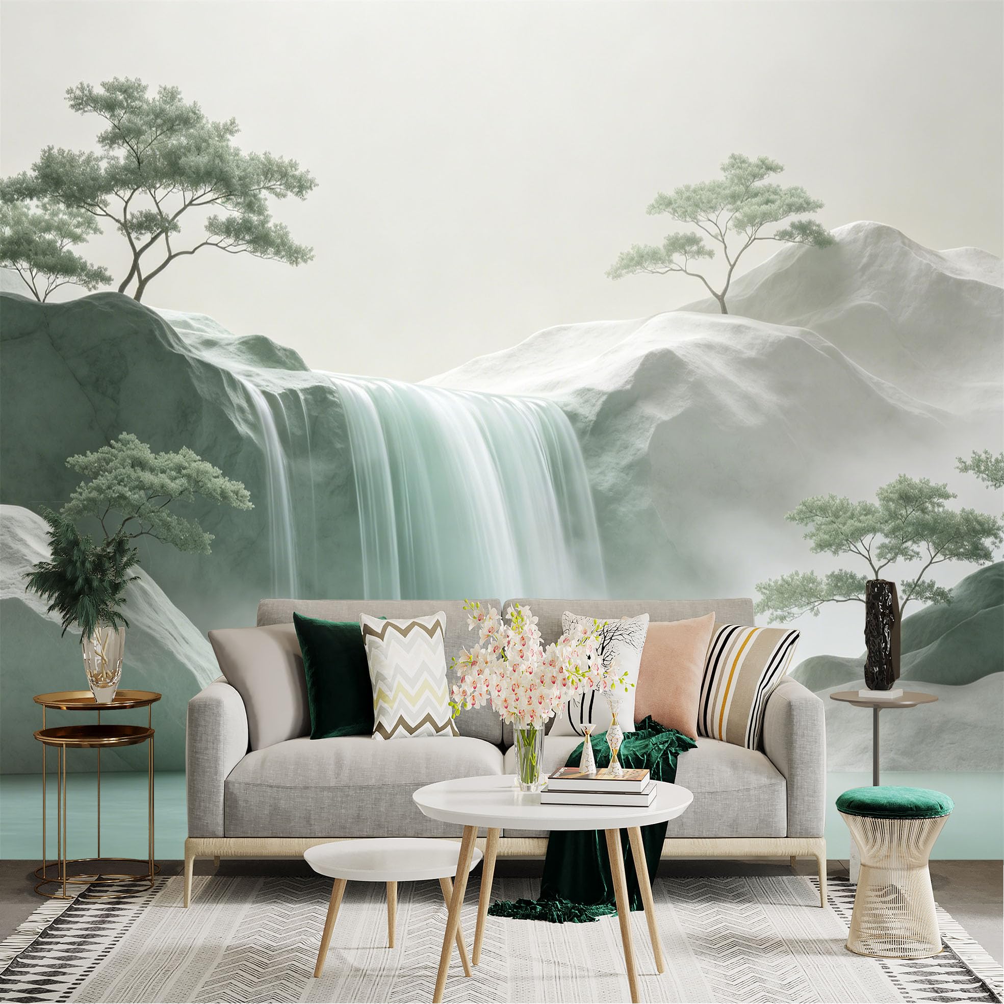Lnzczhyre Dbh260521477 Custom Size Wall Sticker Mural， Zen Waterfall With Misty Mountains， Minimalist Landscape， Serene Nature Scenery， For Wall Decoration， Peelandstick Wall Decals.