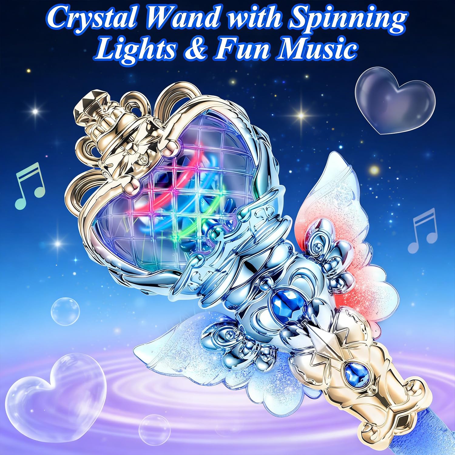 PATPAT® Light-Up Princess Magic Wand with Music, USB Rechargeable LED Fairy Magic Stick with Heart Crown & Angel Wings, Fantasy Role-Play Magical Stick Costume Party, Cosplay, Pretend Play & Gifting 2