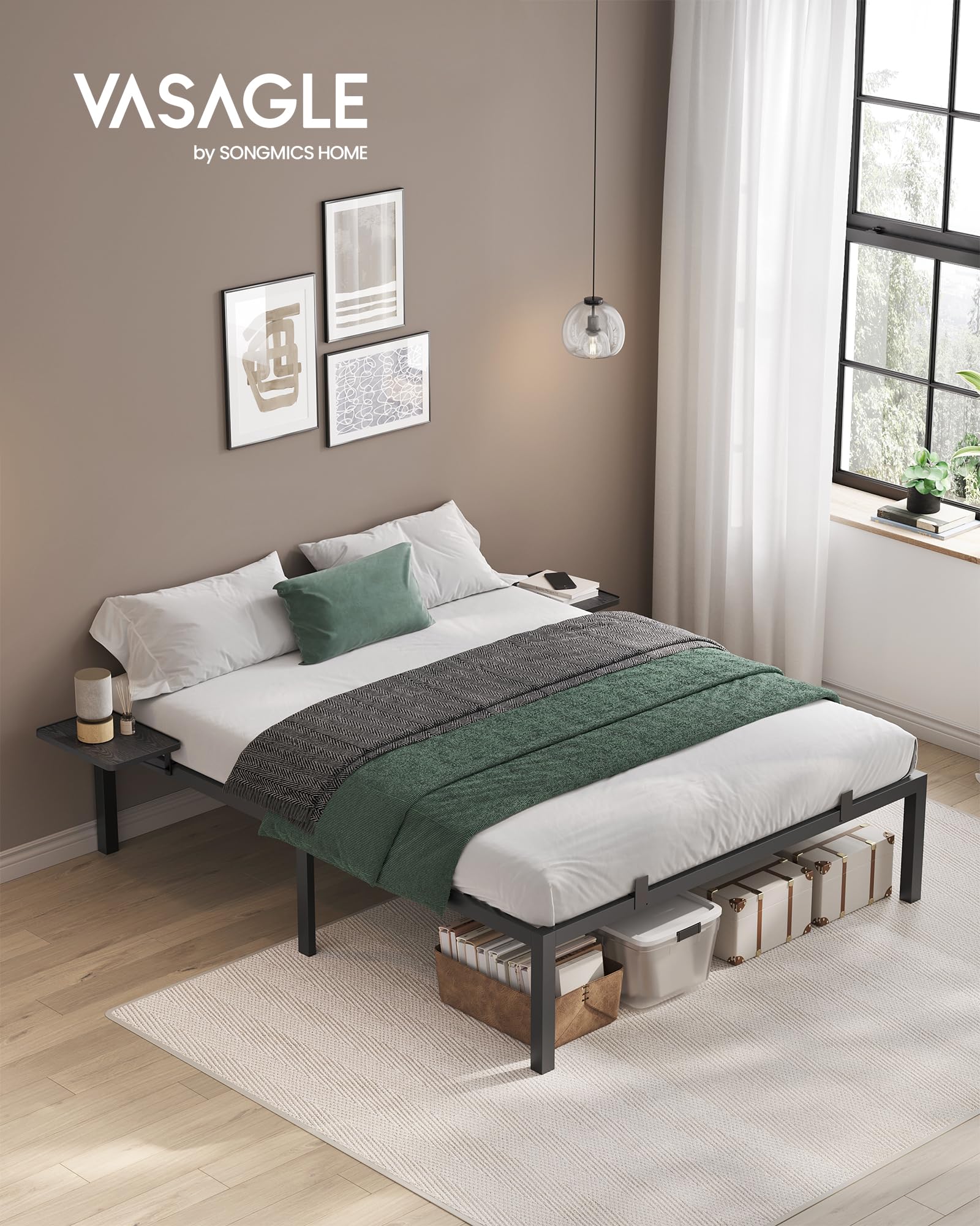 VASAGLE Cadre de Lit 160 x 200 avec Sommier Métal, Cadre en Métal avec Étagères de Rangement, Tête de Lit, pour Adolescents, Montage Facile, Noir Classique RMB095B01