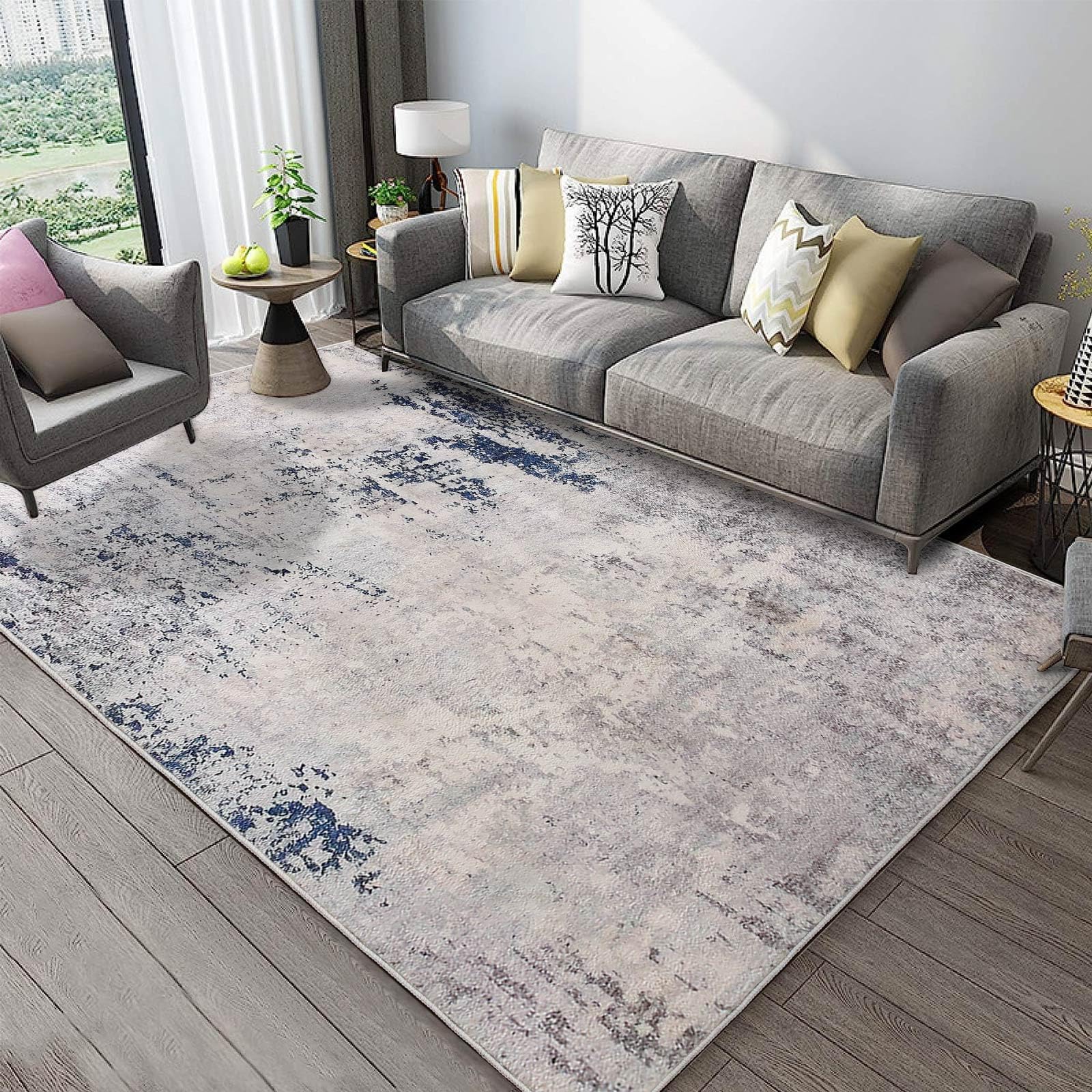Fenisonavy Rugs Living Room Grey Area Rugs for Bedroom Modern Abstract Rug Large Short Pile Rugs Carpet Non-Slip Soft Living Room Rugs Room Decor (200 x 300 cm, Dark Blue/Grey/Beige)