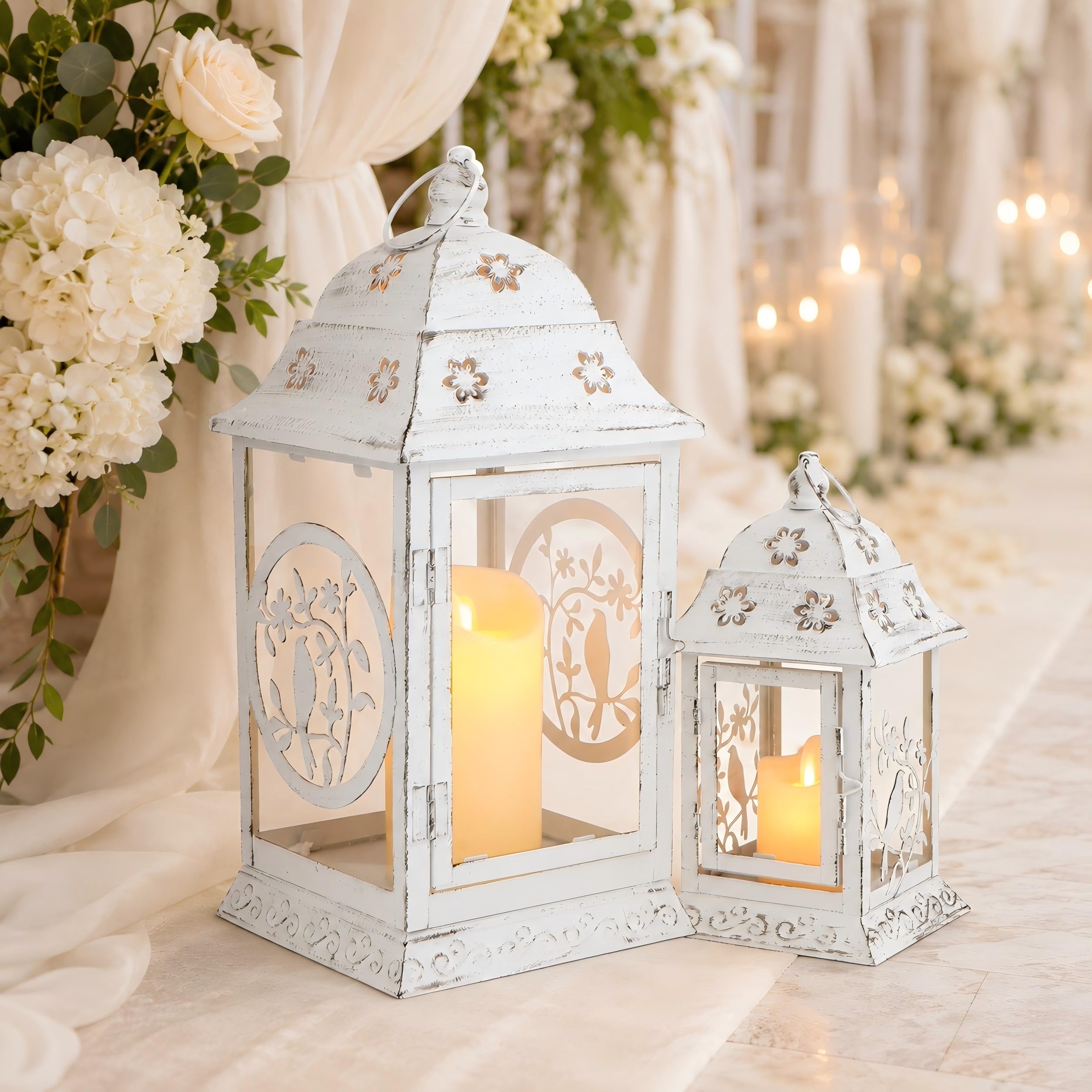 TRIROCKS Set of 2 Metal Candle Lanterns 37cm & 23cm High Vintage Decorative Lanterns Rustic Hanging Garden Lantern for Yard Patio Wedding Events Indoors Outdoors(White with Black Brush)