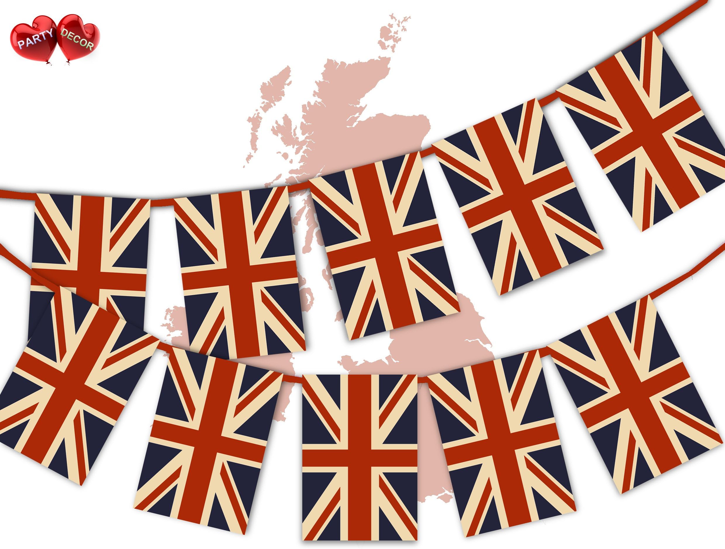 British Vintage Full Flag Patriotic UK United Kingdom Union Jack Themed Bunting Banner 12 Rectangular flags for Queens Platinum Jubilee National Royal decoration by PARTY DECOR