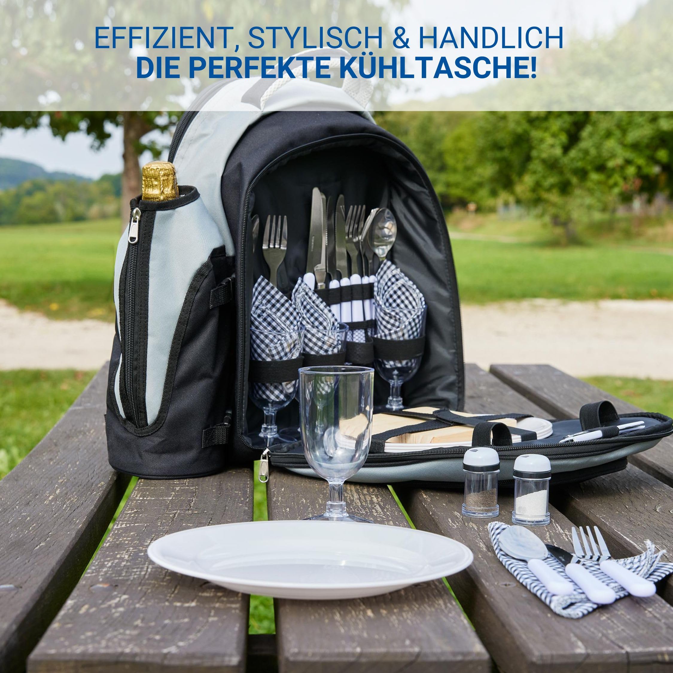 Picknickrucksack 4 Personen - Picknickset 21 TLG. - Wasserabweisender Deluxe Kühlrucksack mit großem Kühlfach - Camping-Besteck und wiederverwendbares Geschirr