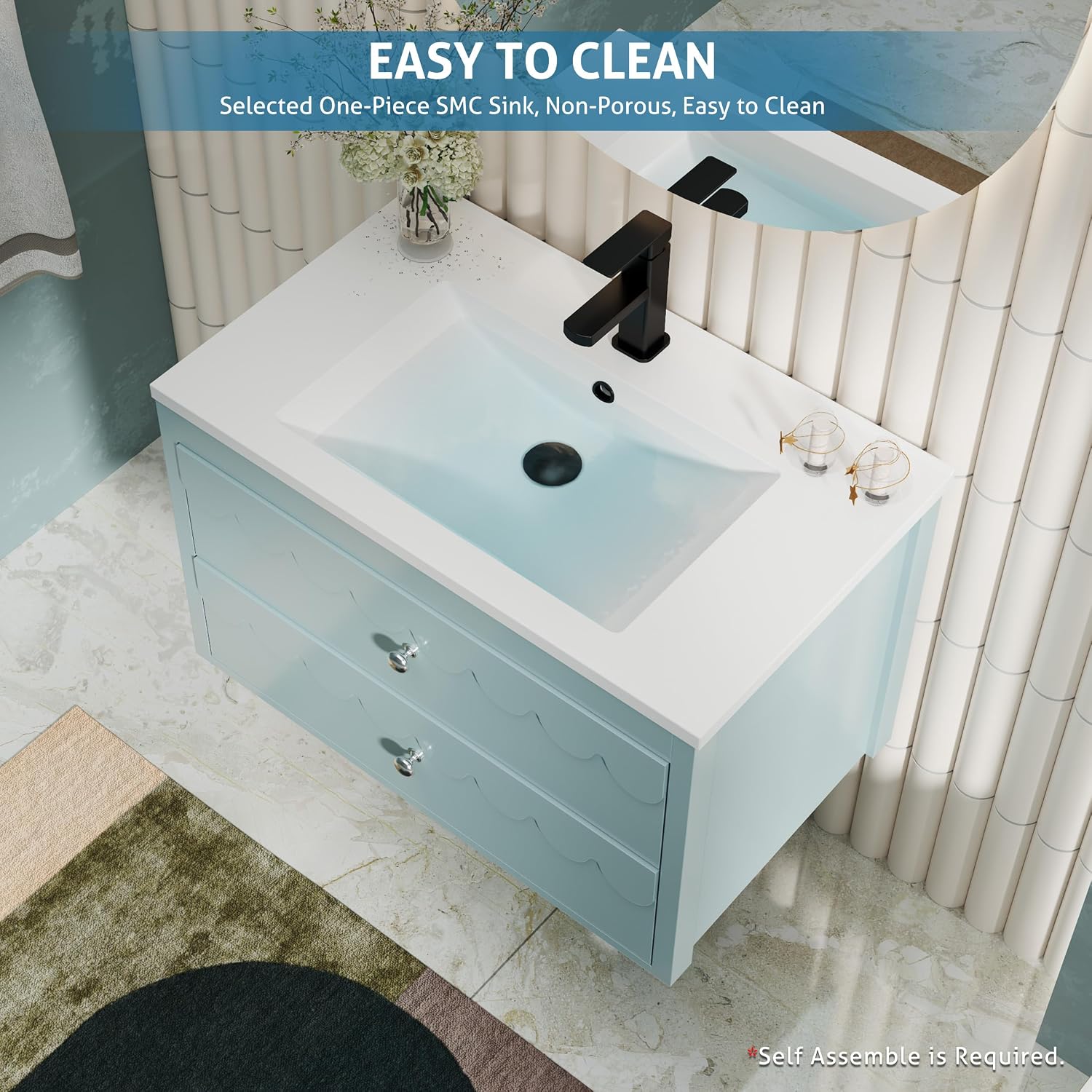 eclife 30" Floating Bathroom Vanity with Sink Combo, Modern Painted Wall-Mounted Vanities Storage Cabinet with Scalloped Decor, Undermount Basin, Faucet, Drain, Blue