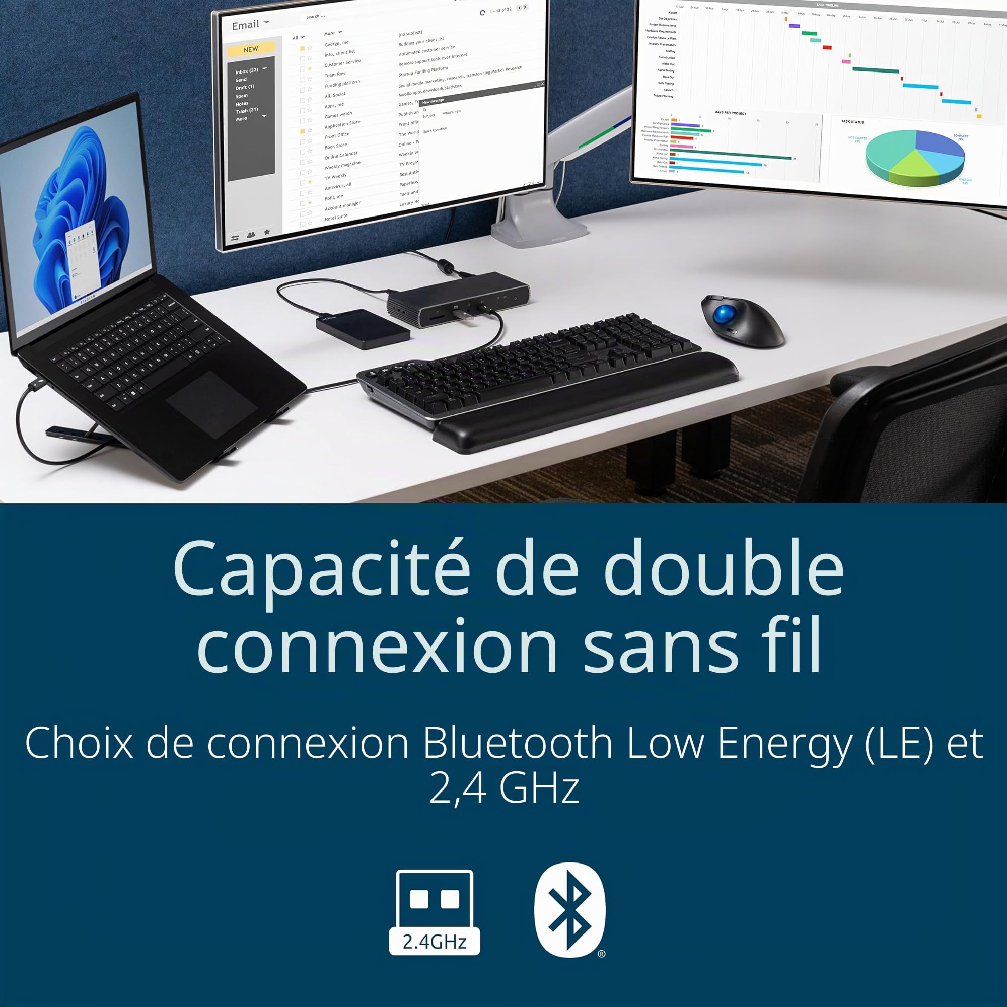 Kensington Pro Fit Ergo TB450 - Souris sans Fil Trackball, Bluetooth Low Energy & 2,4 GHz, Alimentation par Pile AA, Jusqu'à 18 Mois d'Autonomie, 50% de Plastique Recyclé (K72194WW)