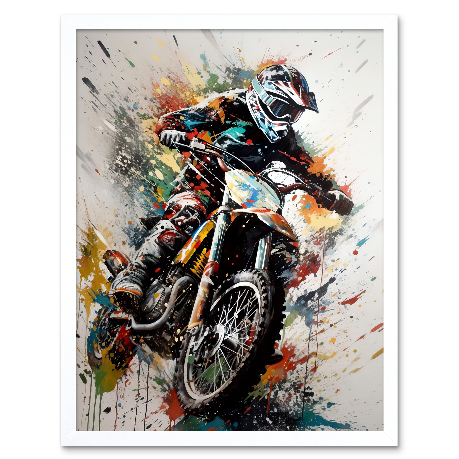 Artery8 Motocross Racer Paint Splat Action Shot Portrait Art Print Framed Poster Wall Decor 12x16 inch