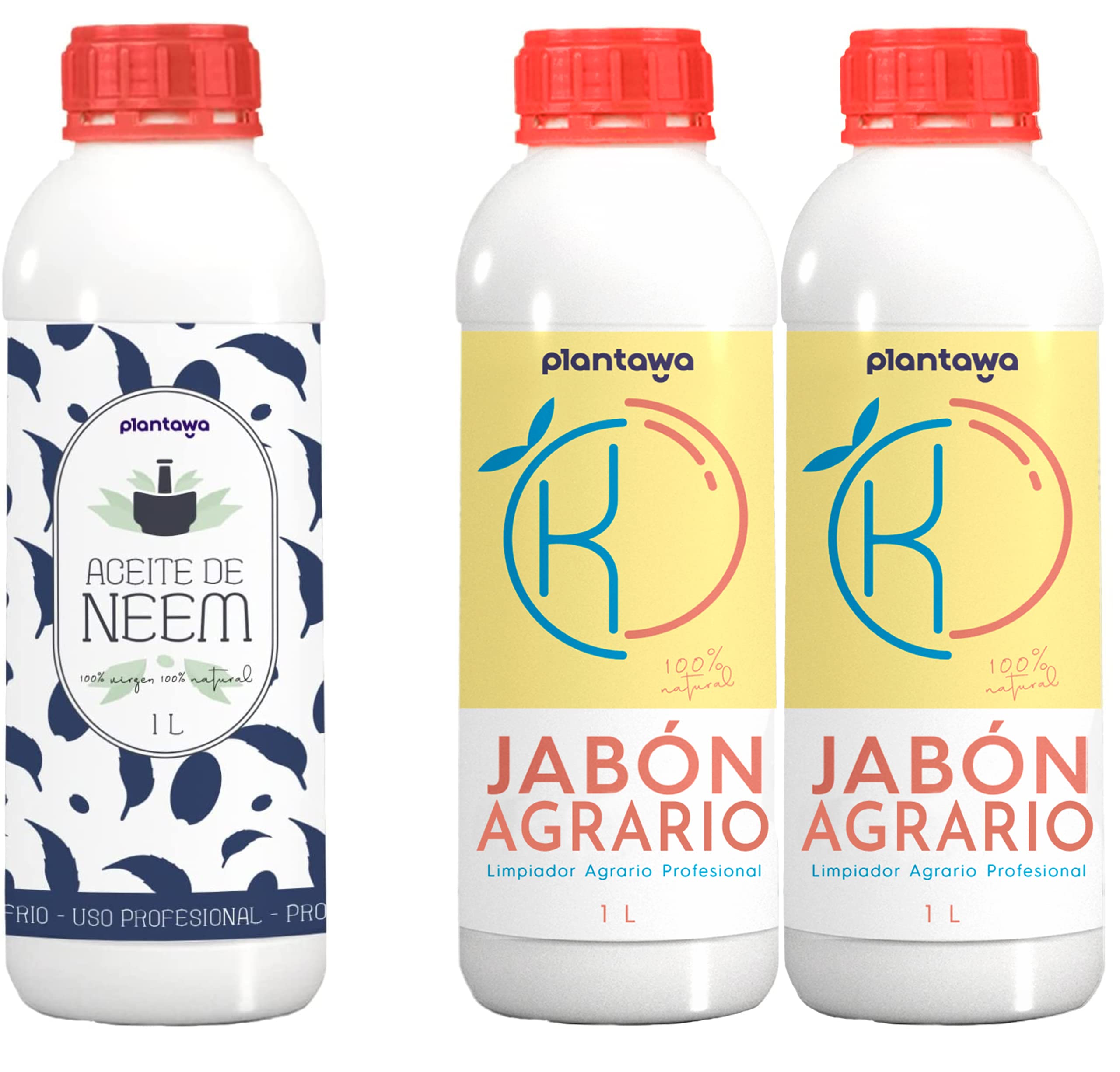 PLANTAWA Jabón Potásico 2x1L + Aceite de Neem para Plantas 1L, Orgánico, Biodegradable y Sostenible 100% Natural Protección Huerto,Alta Concentración,Mosca Blanca,Araña Roja,Pulgón,Cochinilla