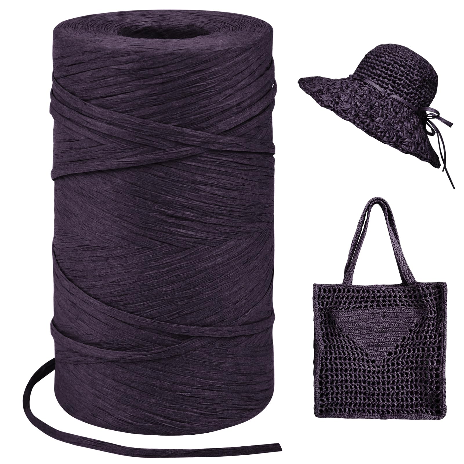 Deep Purple Raffia Yarn for Crochet Bags, 3mm x 328 Yards Flat String Raffia Ribbon for Gift Wrapping, Raffia Paper Ribbon Yarn for Crocheting Sun Hat, Bag, DIY Crafts, Holiday Decoration