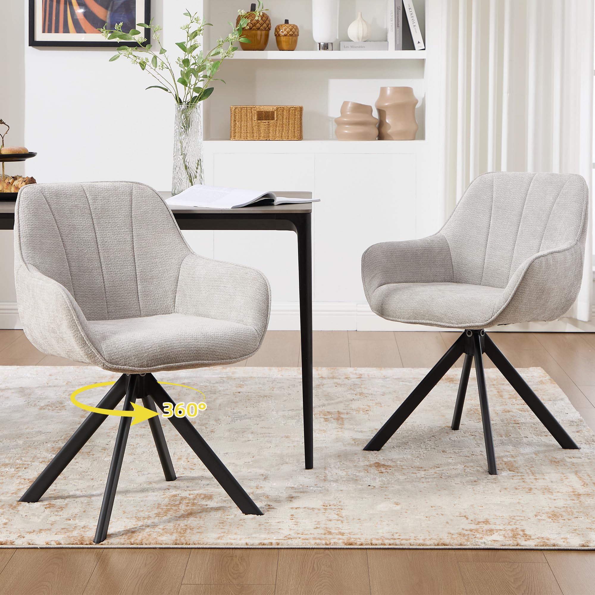 EBELLO 360°Swivel Dining Chairs Set of 2, Velvet Chairs for Dining Room with Armrests,Kitchen Chair with Anti-Slip Pads, armchairs for living Room,Light gray.