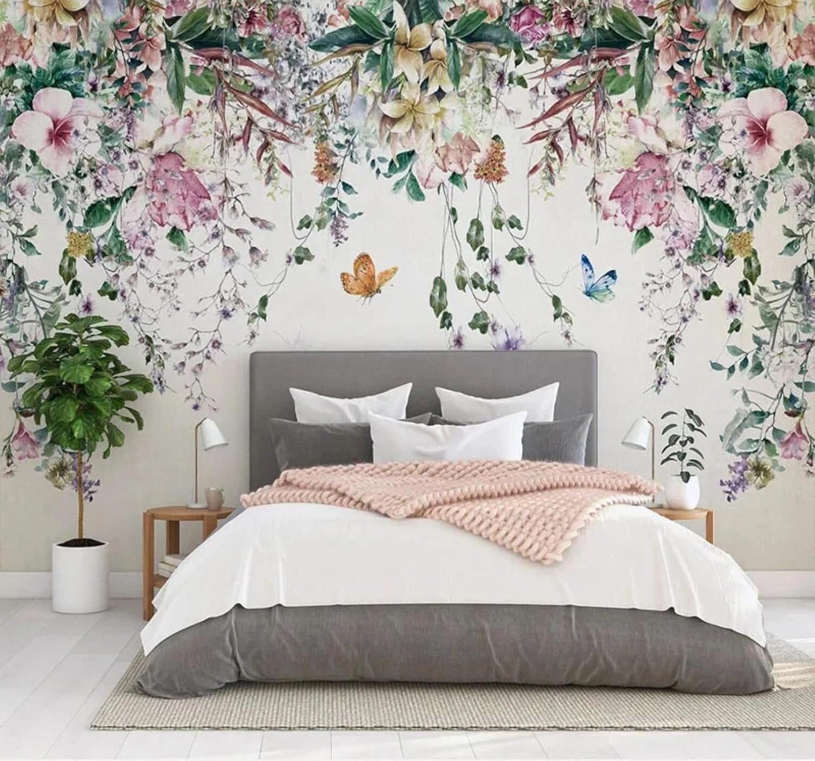 XLMING Watercolour Vines Pastoral Flowers Butterflies 3D Wallpaper Luxury Silk Study Dining Feature Sofa Grey Bedroom Living Room Tv Decorative Wall-250cm×170cm