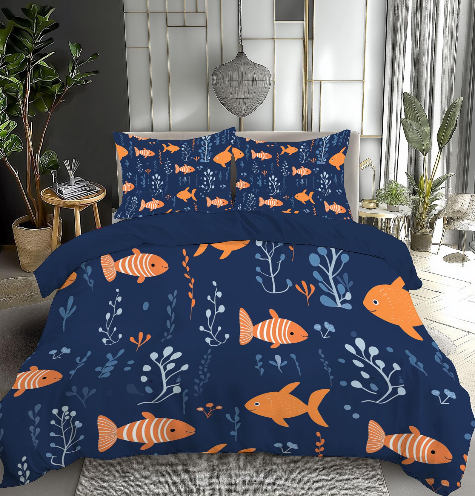Parure de lit motif océan hypoallergénique et facile à repasser pour lit double