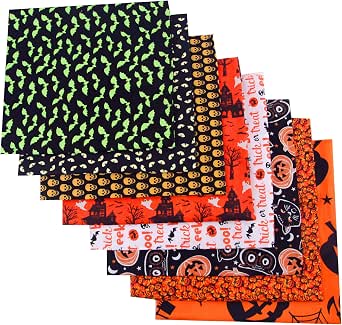 8PCS Cotton Fat Quarter Fabric Bundles, 20" x 20" Halloween Print, Quilted, Machine Wash