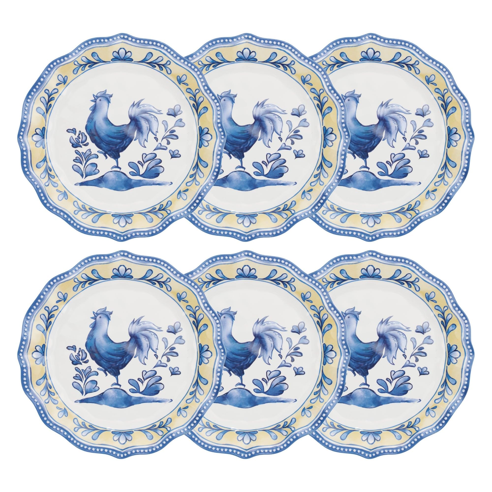 UP ware - Set di 6 piatti piani in melamina, senza BPA, lavabili in lavastoviglie, piatti piani per portata principale, pasta e insalata, piatti piani da 26 cm (gallo blu)