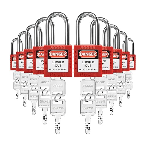 Juego de cerraduras de bloqueo y etiquetado 10 candados de seguridad rojos con llave diferente, 2 llaves por cerradura, cerraduras de loto