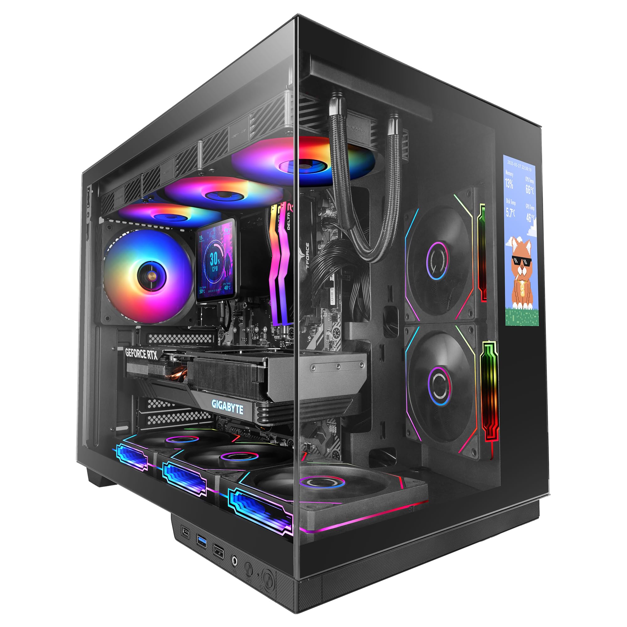 Mars Gaming MC-MIRAGE, Case Gaming ATX, Schermo LCD IPS 7,2” Personalizzabile, Vetro Temperato Continuo Frontale e Laterale, Struttura Doppia Camera, Supporto Raffreddamento Liquido fino 360mm, Nero