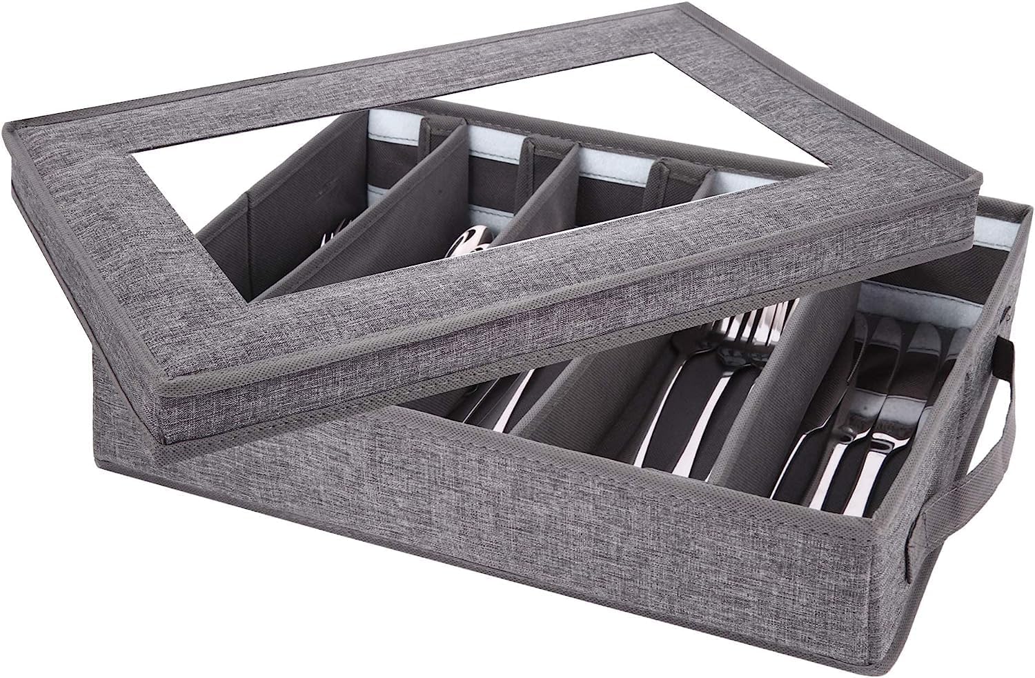 Khazna Flatware Storage Case, Silverware Storage Box Chest, Tableware Utensil Chest with Removable Lid and Adjustable Dividers, for Organizing Cutlery, Flatware, Knives, Large Capacity, Gray